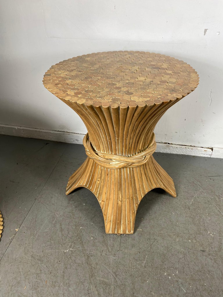 Classic Mid-Century Modernist, Hollywood Regency dining table by McGuire of San Francisco. Beautiful bundle of wheat form constructed of bamboo, age appropriate wear. Top measures 25.5