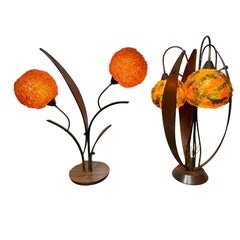 Classic Mid Century Spaghetti Shades spun lucite / walnut table lamps