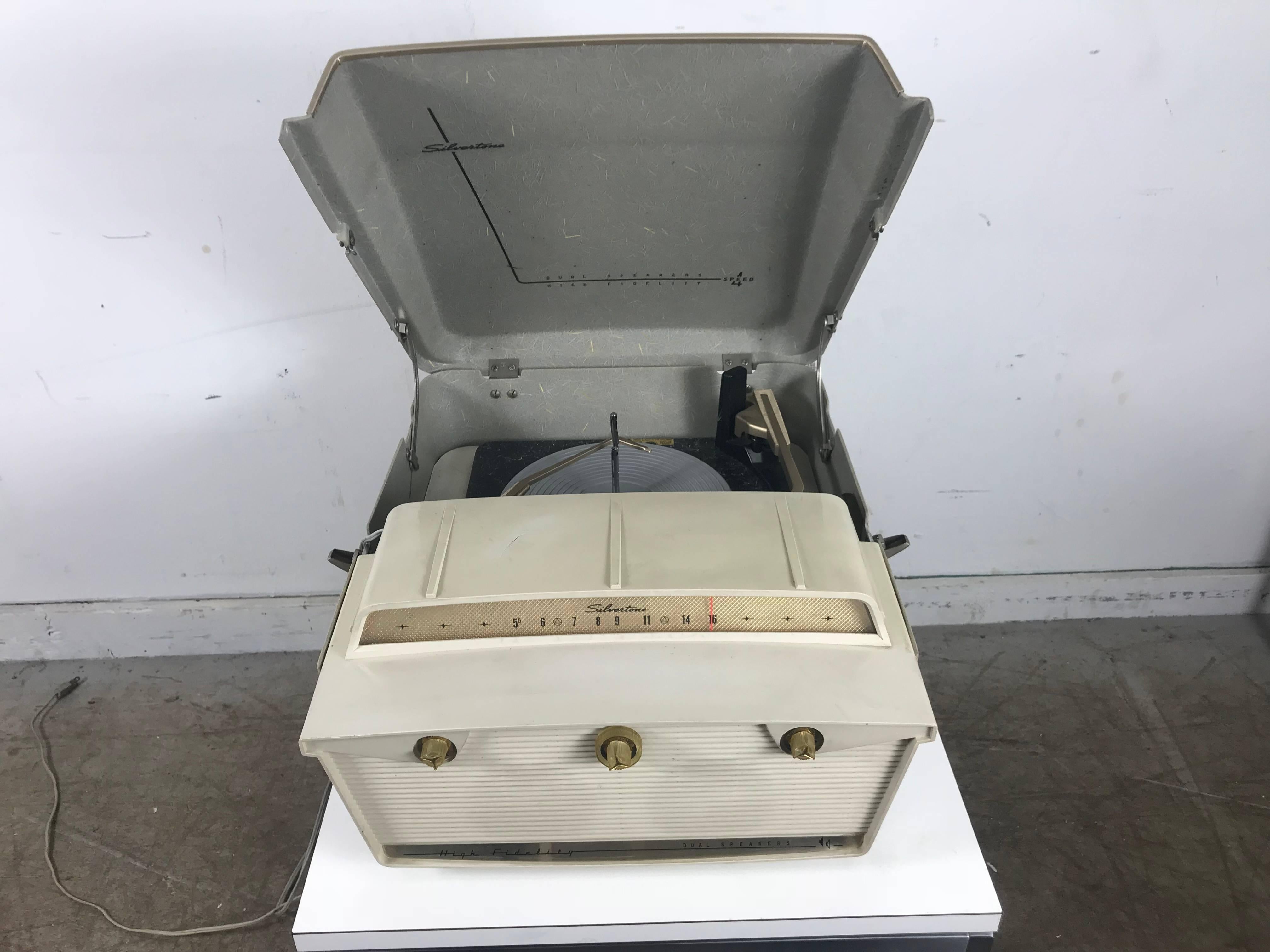 Mid-Century Modern Classic Midcentury Silvertone Syntronic Fiberglass Record Player, Radio