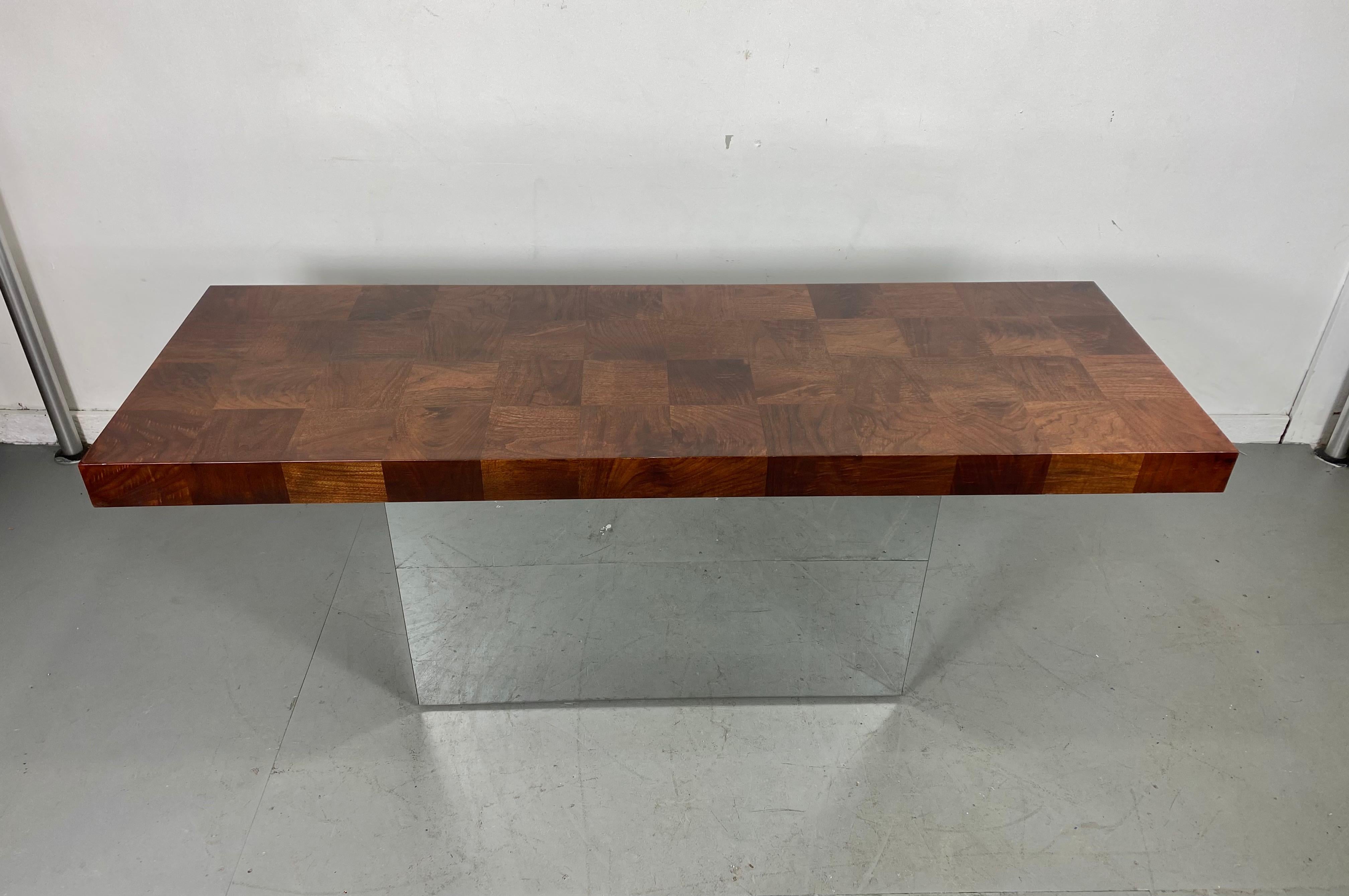Classic Milo Baughman for Thayer Coggin patchwork burl wood and chrome console table, Stunning example in amazing original condition, fit seamlessly into any modernist, contemporary, ecclectic environment, hand delivery avail to New York City or