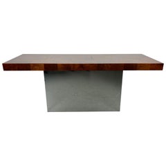 Classic Milo Baughman Patchwork Burl Wood and Chrome Console Table