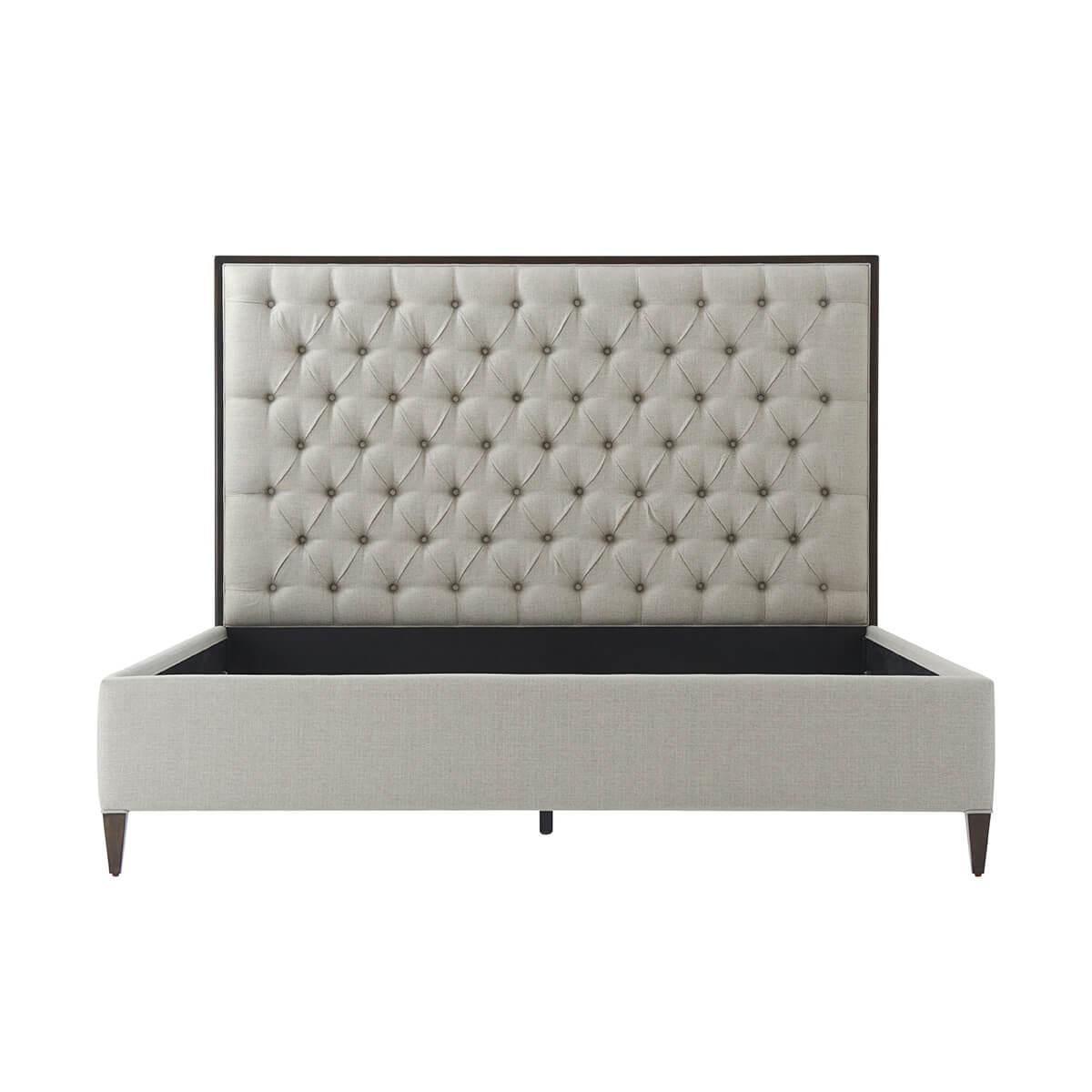 With a tufted panel upholstered headboard, solid beech frame in our Ossian finish with upholstered rails and raised on square tapered legs.

Dimensions: 80.75