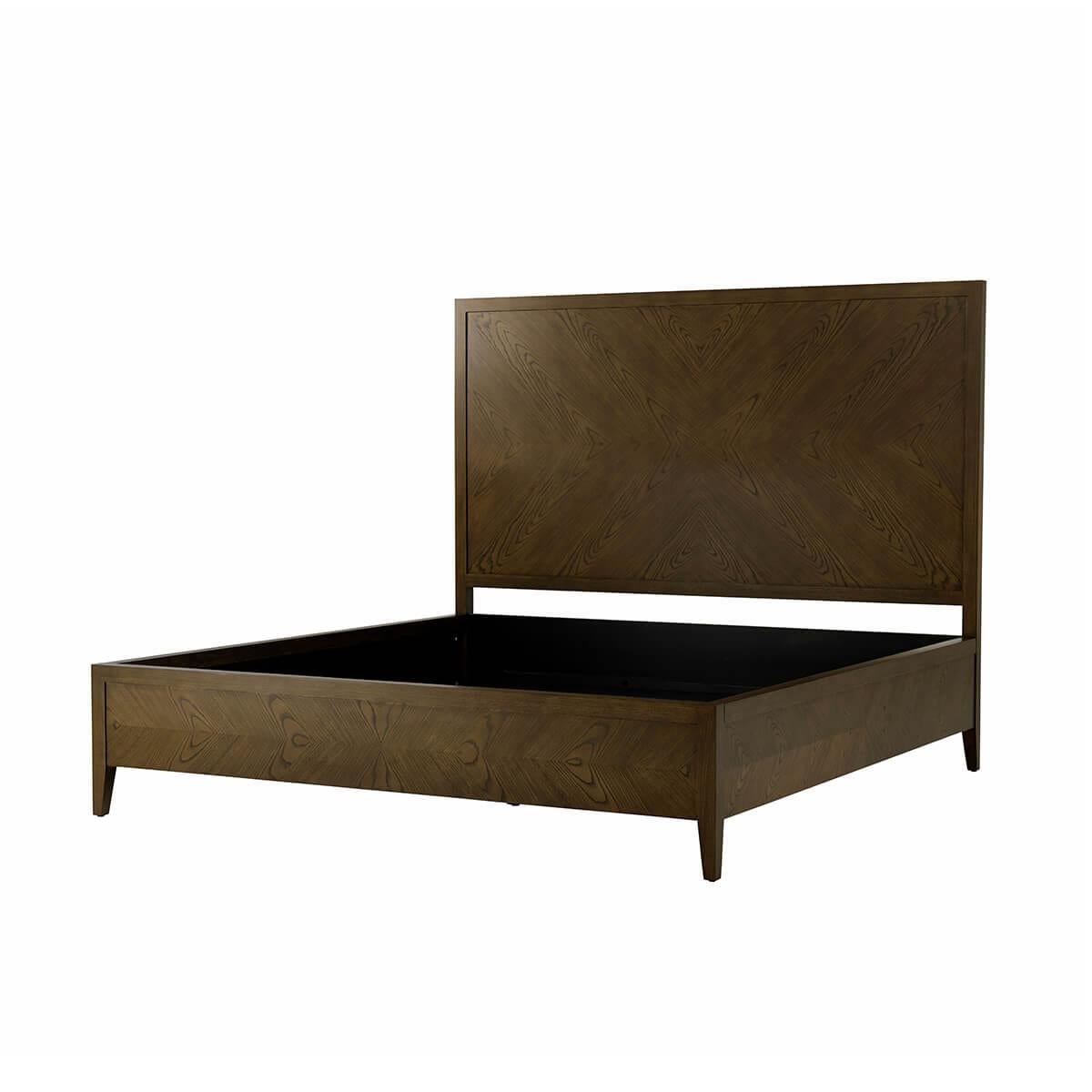 Classic Dark Frame Bed, in our dark earth finish, the undeniable simplicity of the bed frame captures the essence of calm with a classic frame, figured ash 4-way book-matched headboard, and rails with a tapered finished leg.

King dimensions: 81