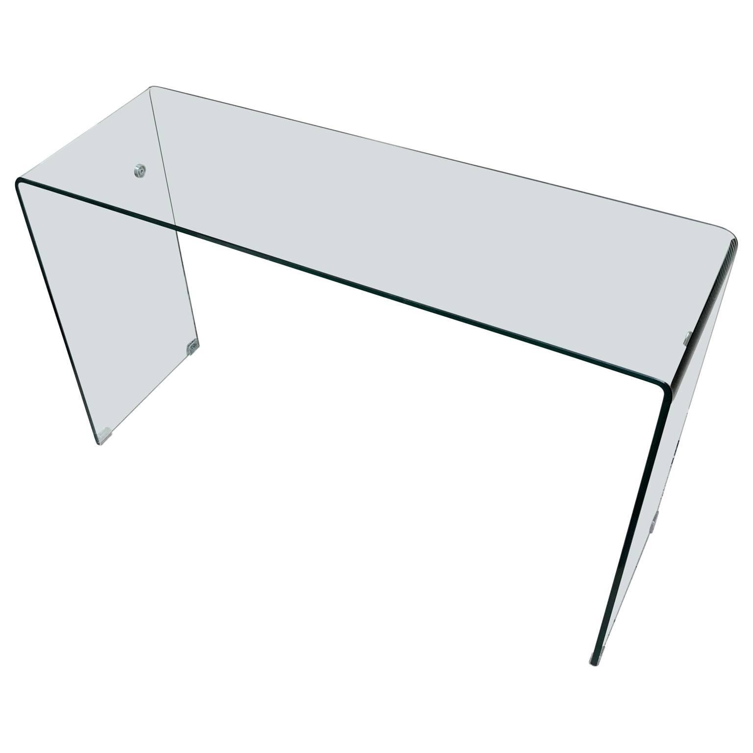Classic modern glass console or desk.
The console has two metal fittings attached to the inside of each leg. The purpose of these fittings is unknown.

 $125 flat rate front door delivery includes Washington DC metro, Baltimore and Philadelphia