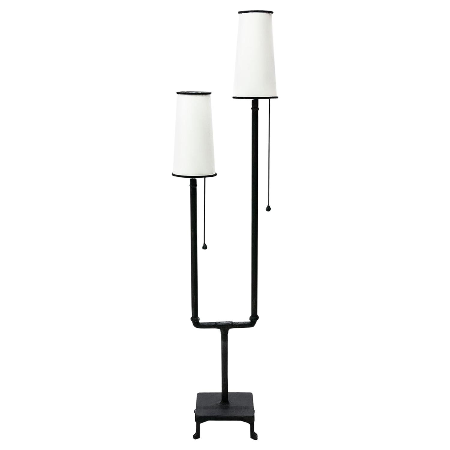 Classic Modern Hand Sculpted Blackened Steel Dual Linen Shade Floor Lamp