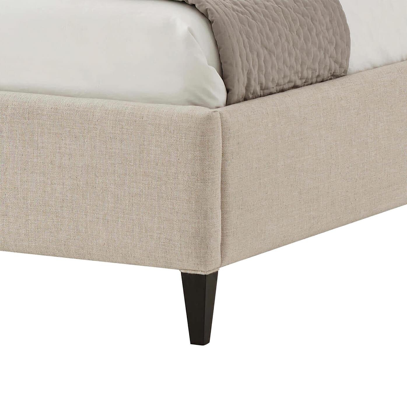 westport beige fabric upholstery and wood queen size bed frame