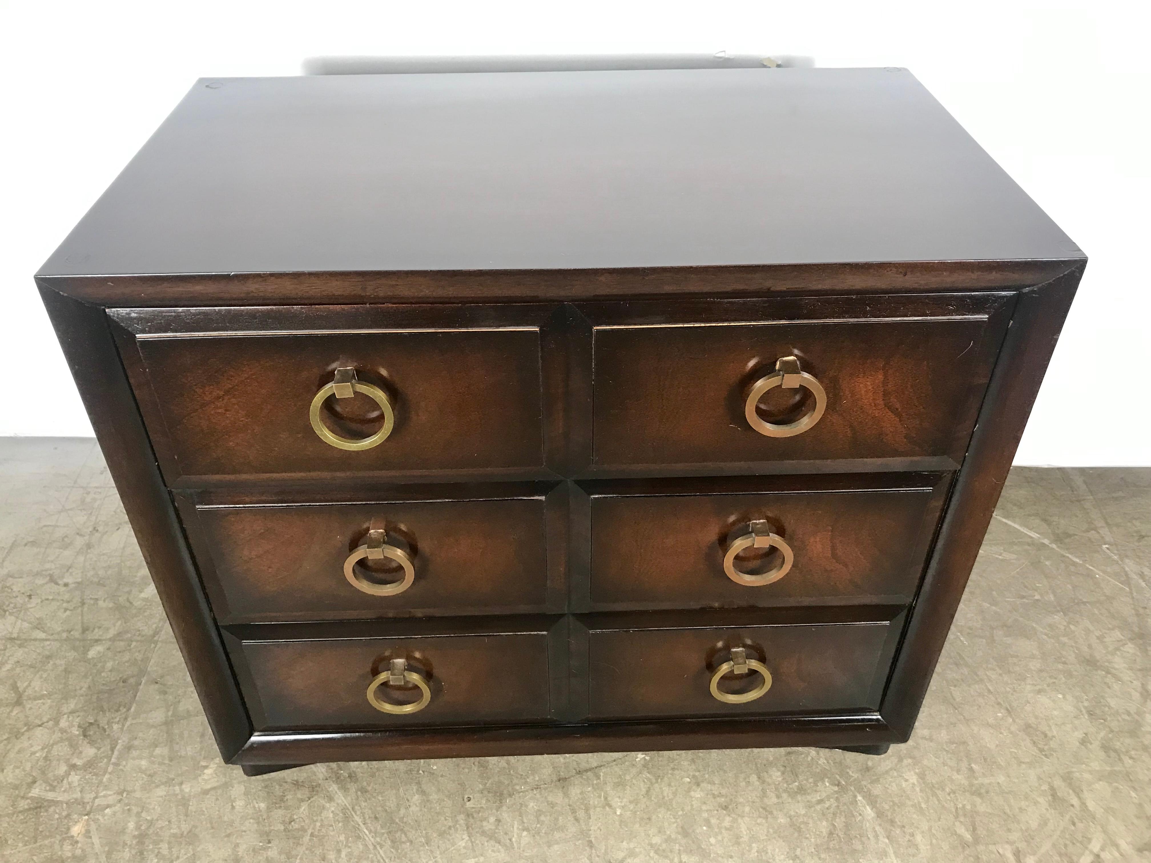 Classic modern Regency 3-drawer dresser / chest .Widdicomb,, Stunning brass ring hand pulls, superior quality and construction,, dove tail joinery ,solid mahogany .Retains Original / Modern Widdicomb label, Hand delivery avail to New York City or