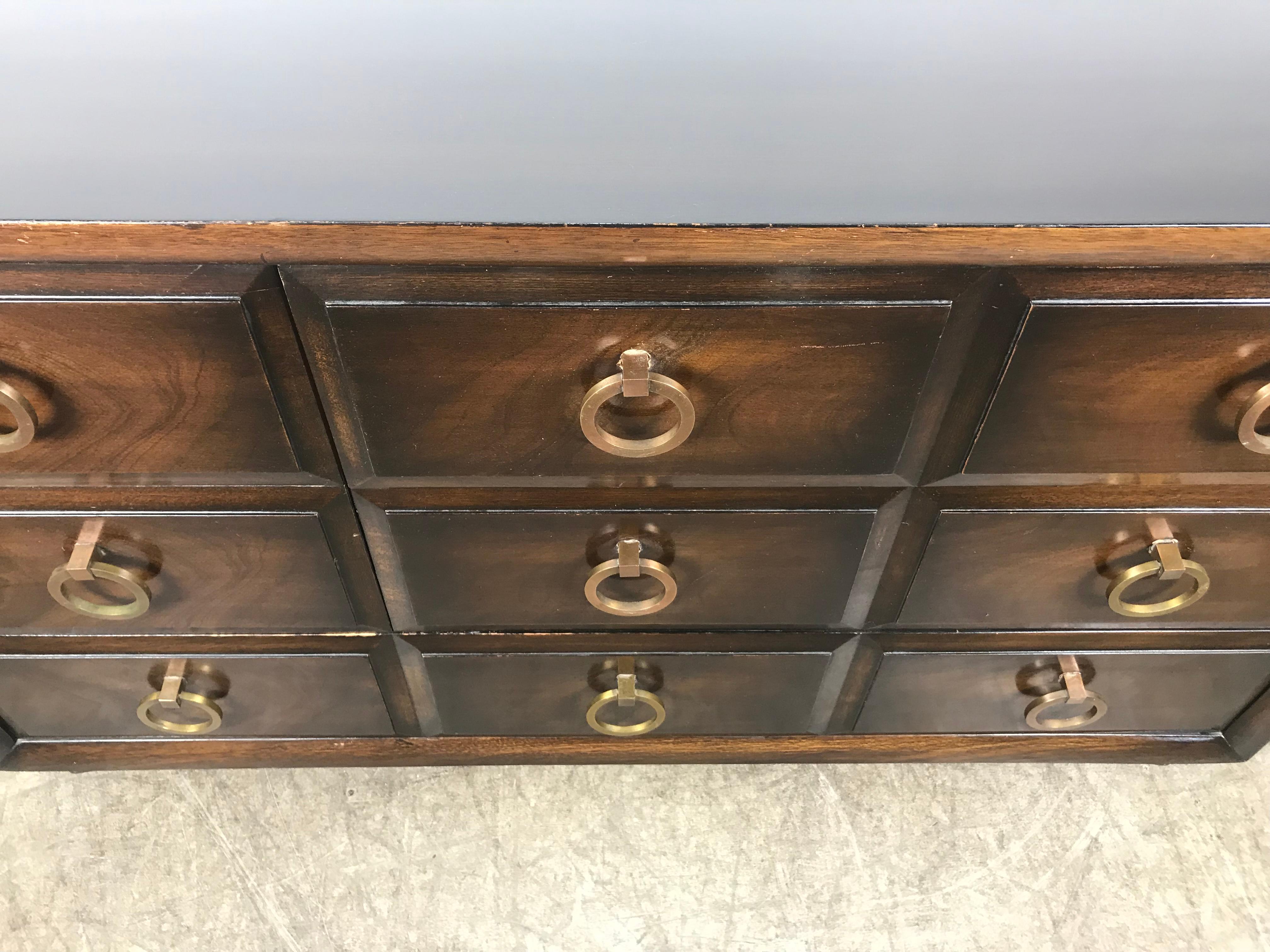 Classic modern Regency 5-drawer dresser or chest. Widdicomb,, stunning brass ring hand pulls, superior quality and construction, dove tail joinery, solid mahogany. Retains original or modern Widdicomb label.