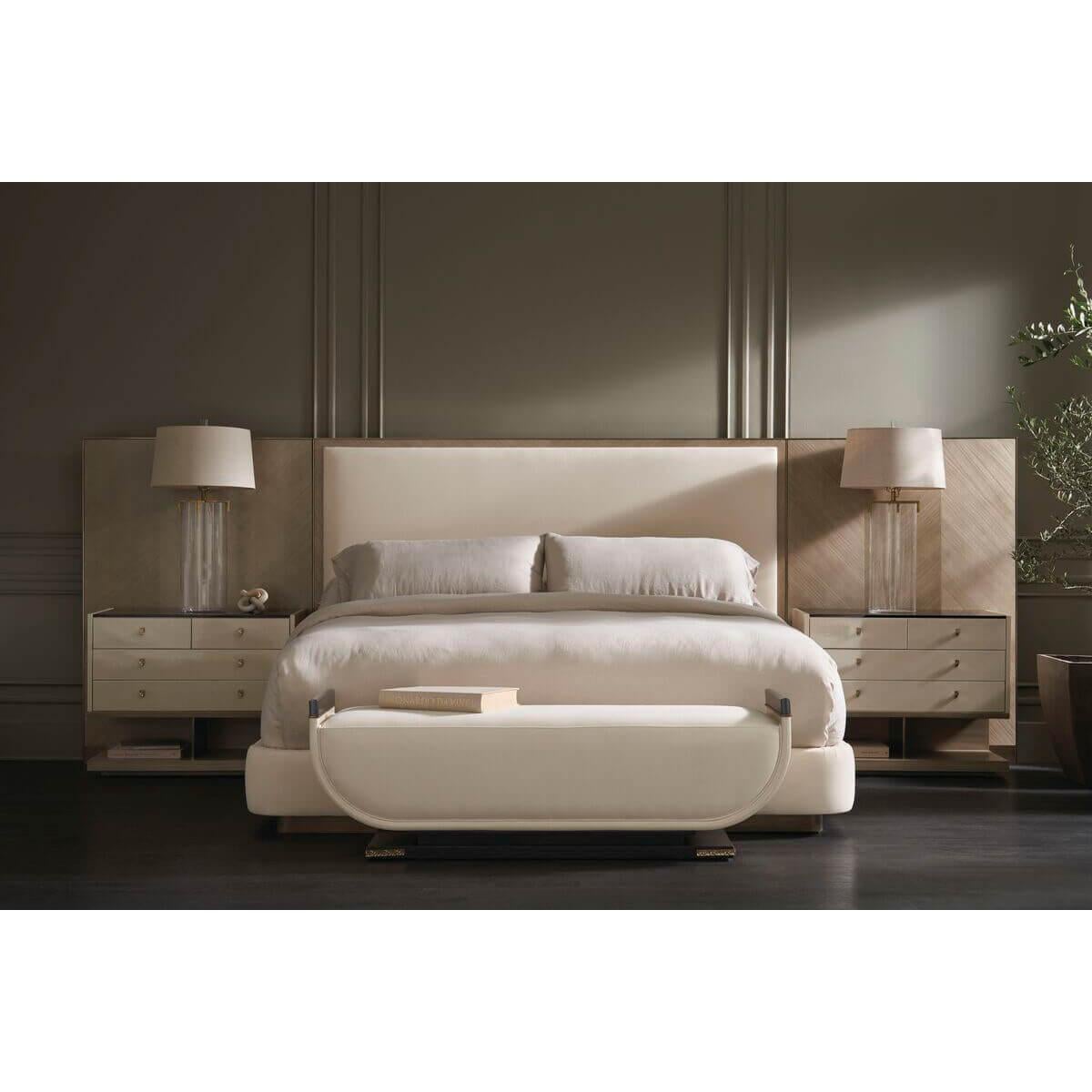 Art Deco Classic Modern Upholstered King Bed with Wings For Sale
