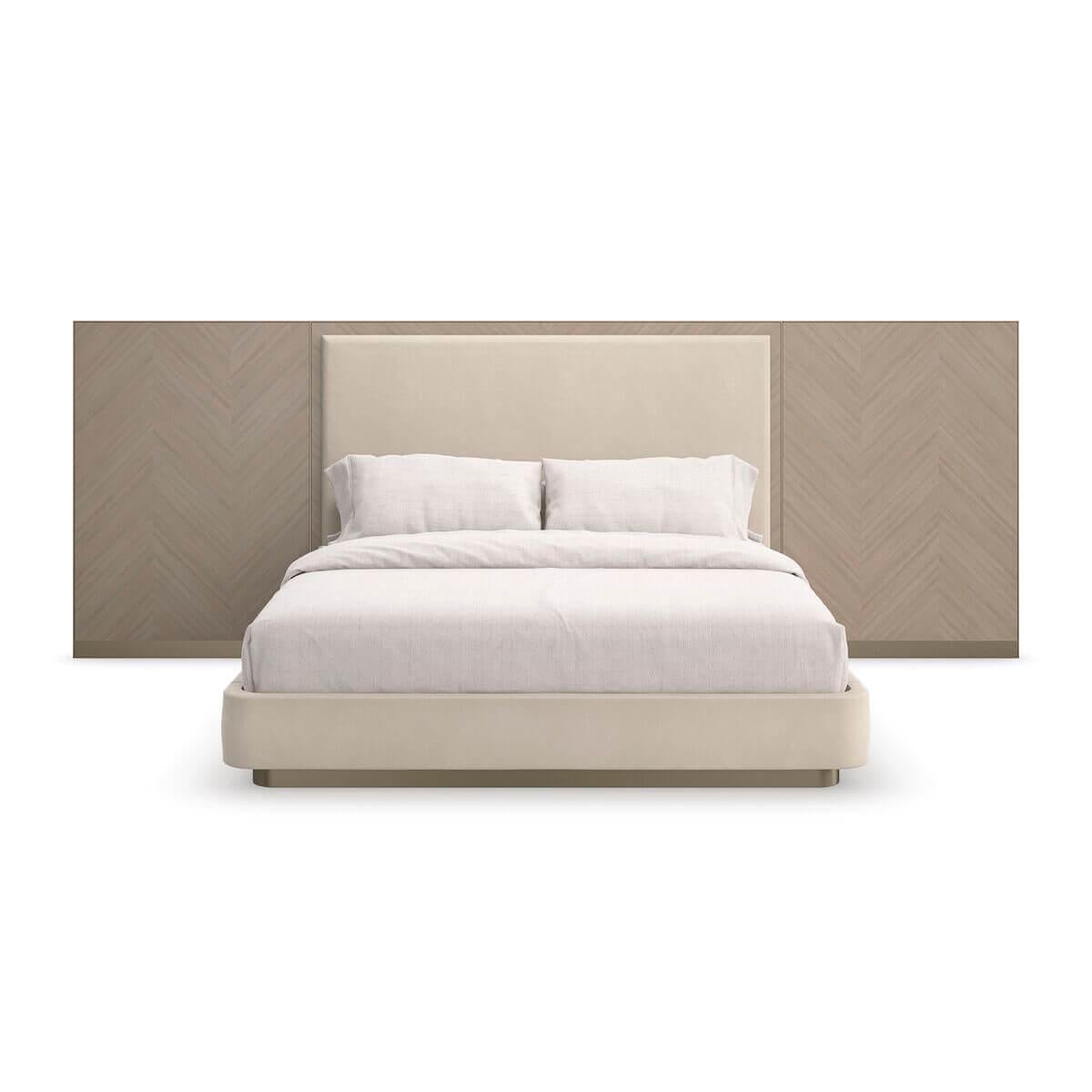 Asian Classic Modern Upholstered King Bed with Wings For Sale