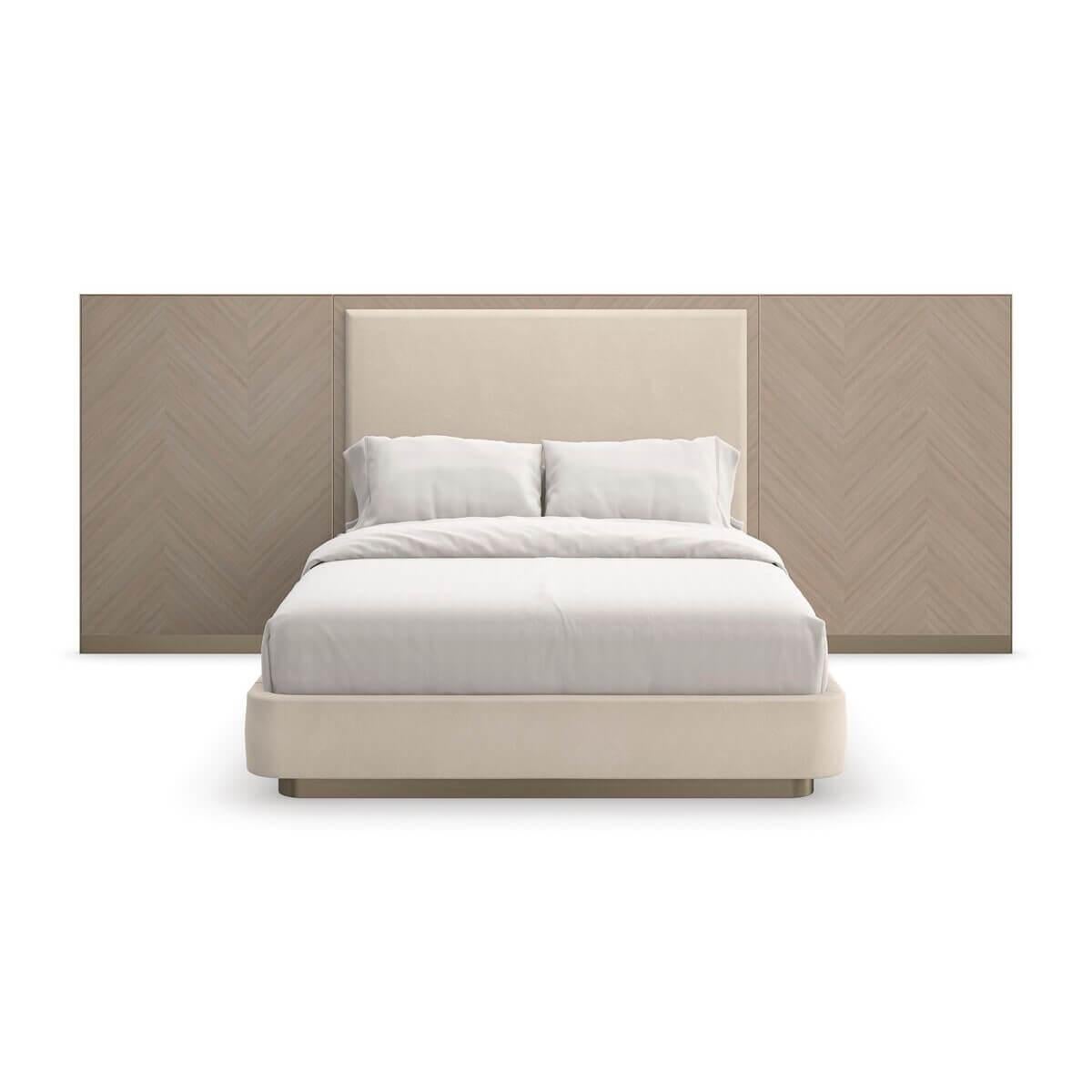 A storied collective of material and form, this classic bed introduces a calming neutral palette that is warm and inviting.

Features paneled wings framed in Koto veneers with a subtle Chevron pattern inspired by early Greek motifs, its