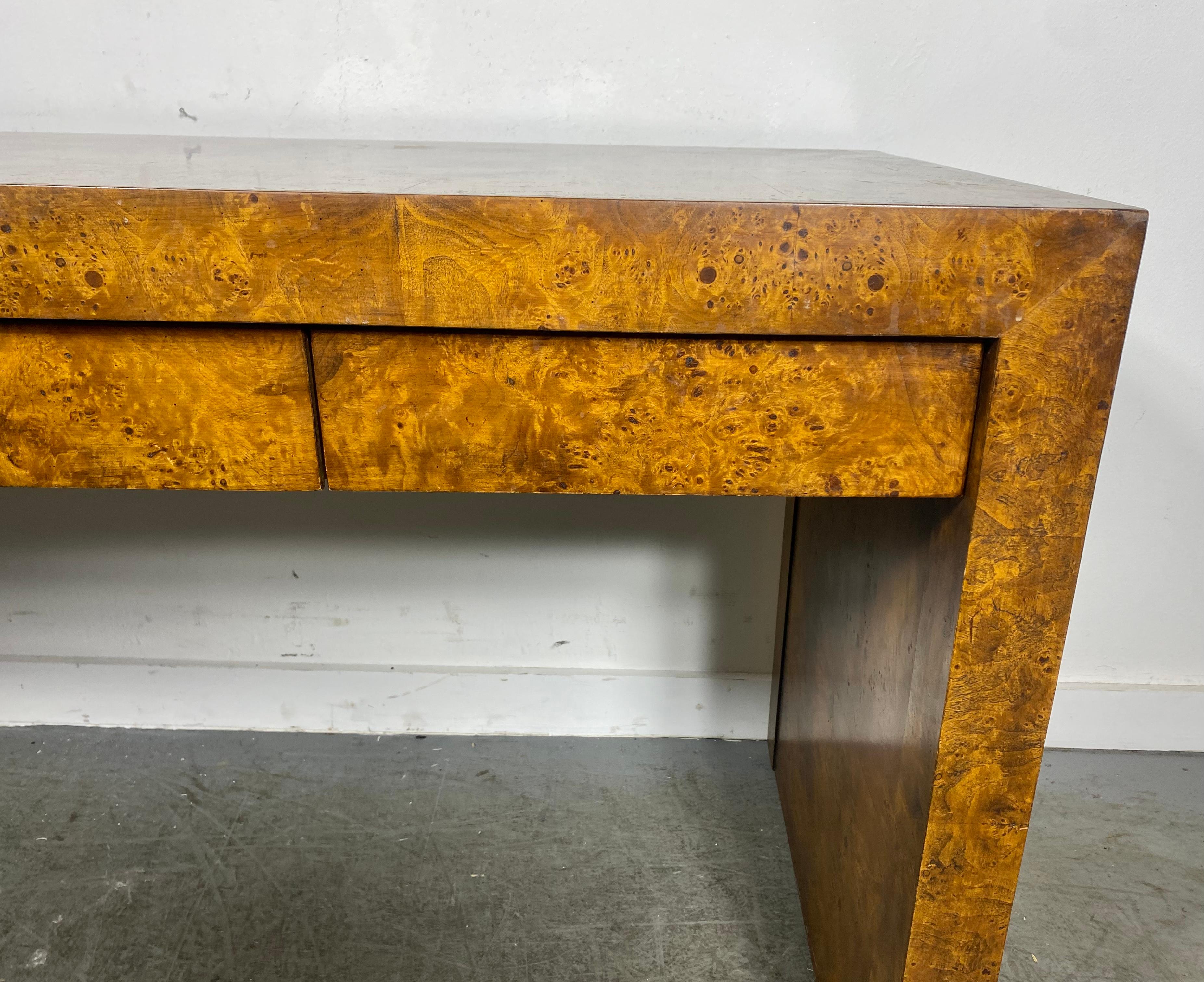Classic Modernist 3-Drawer Burl Wood Desk designed by Milo Baughman..Superior quality and construction, Nice original condition, wonderful patina. Three generous size drawers across the top, Amazing book-match burl wood,, Architecturally designed,