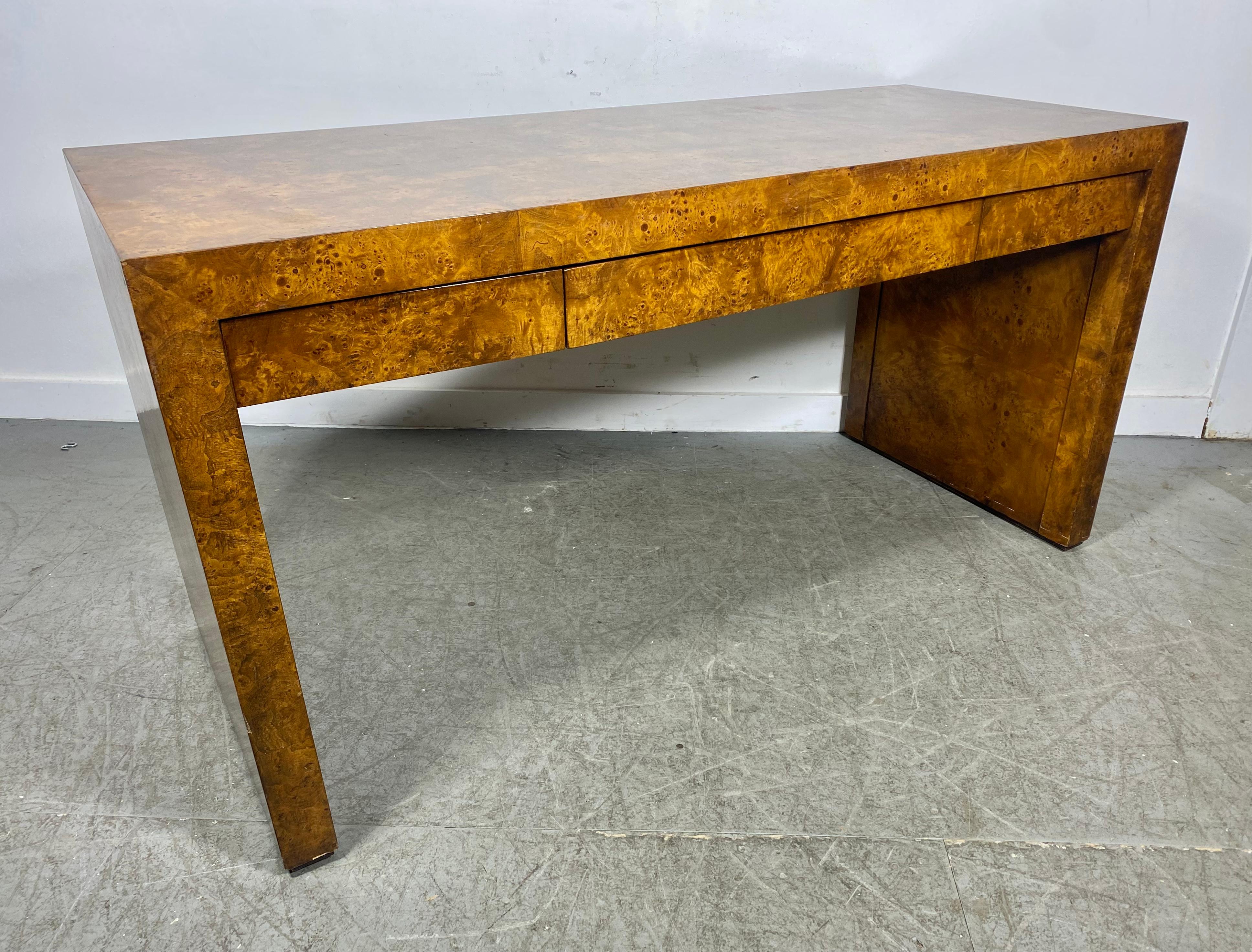 Mid-Century Modern Classic Modernist 3-Drawer Burl Wood Desk designed by Milo Baughman