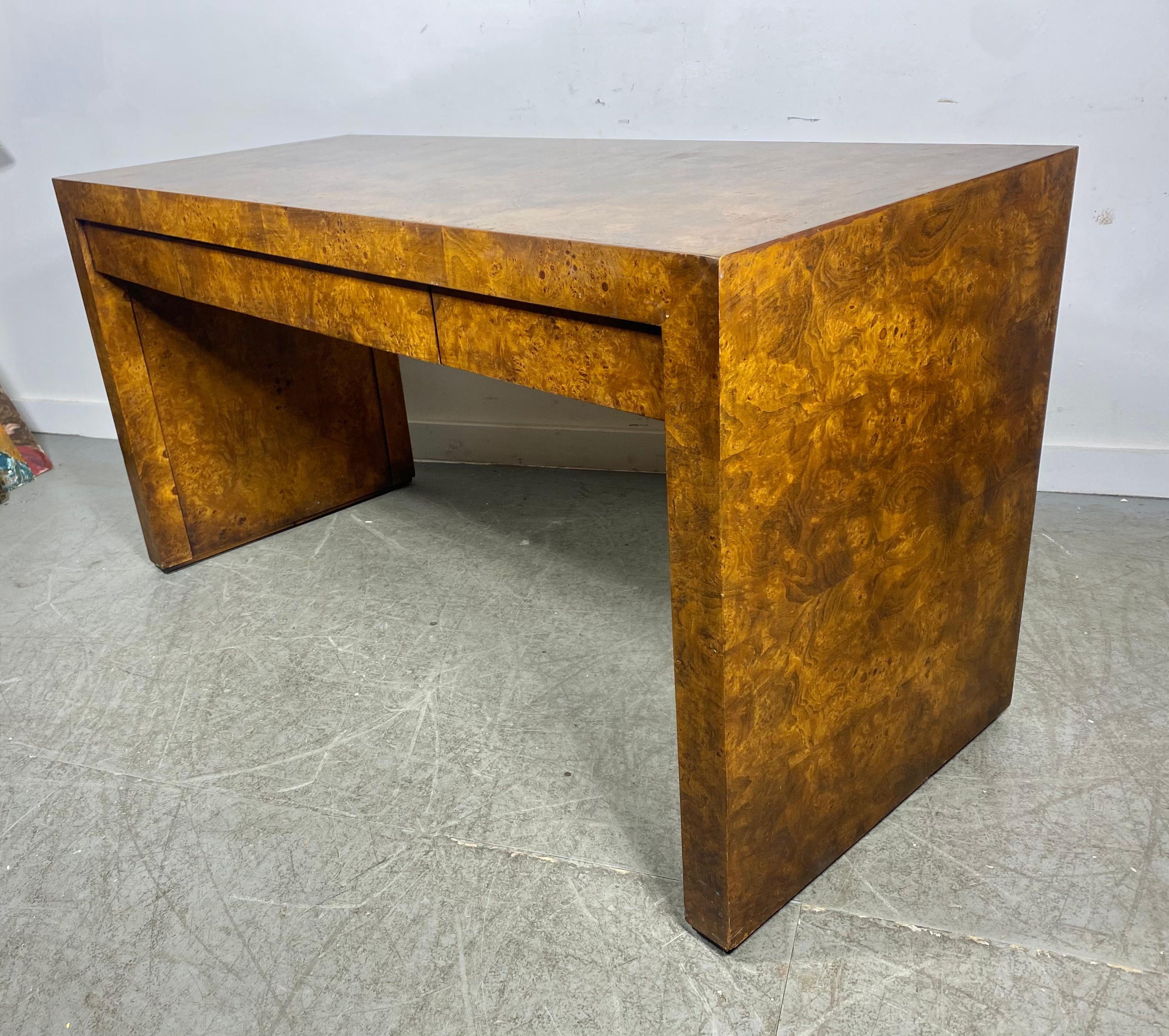 American Classic Modernist 3-Drawer Burl Wood Desk designed by Milo Baughman