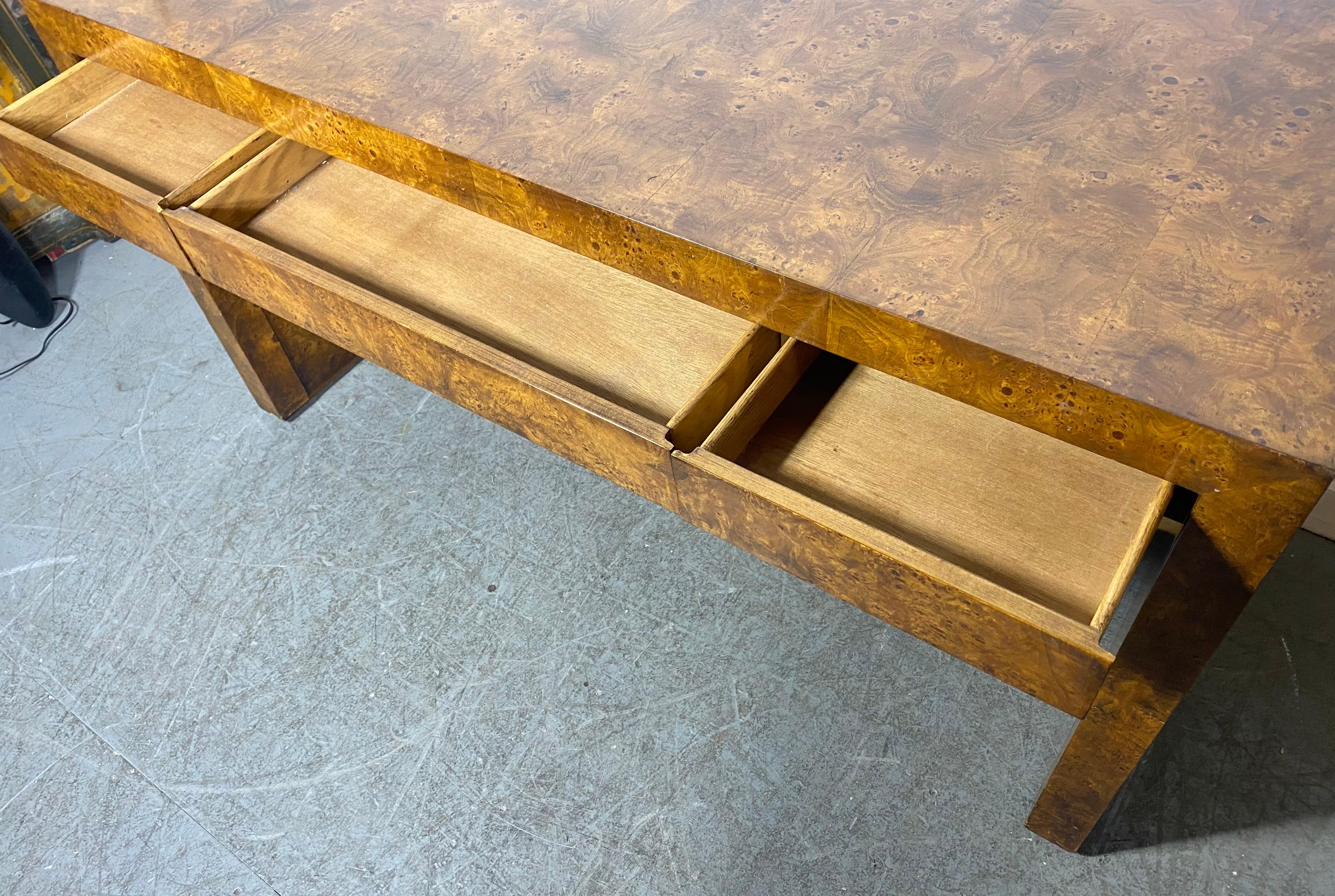 Late 20th Century Classic Modernist 3-Drawer Burl Wood Desk designed by Milo Baughman