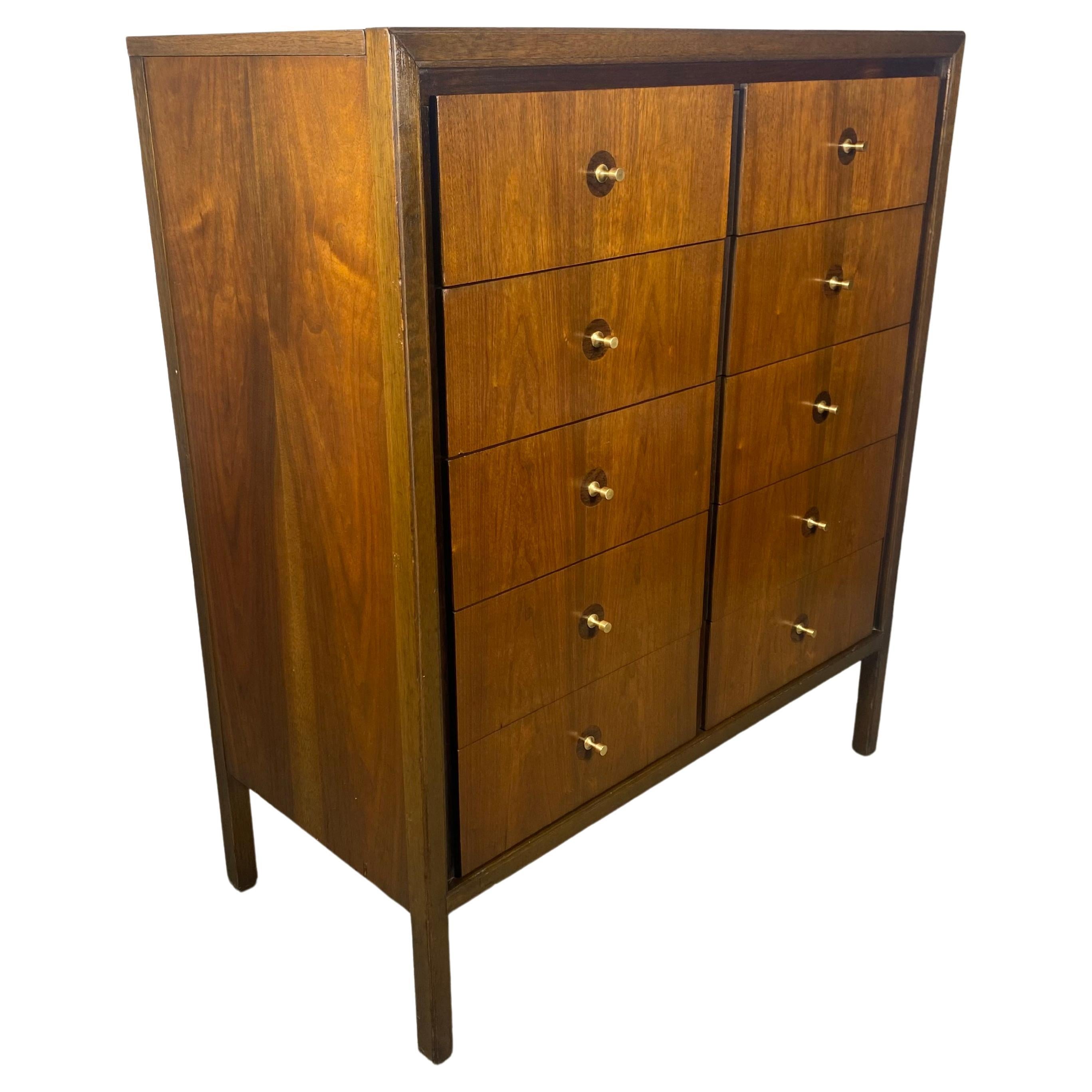 Classic Modernist 5 Drawer Chest by Basic Witz.. two-tone with brass pulls
