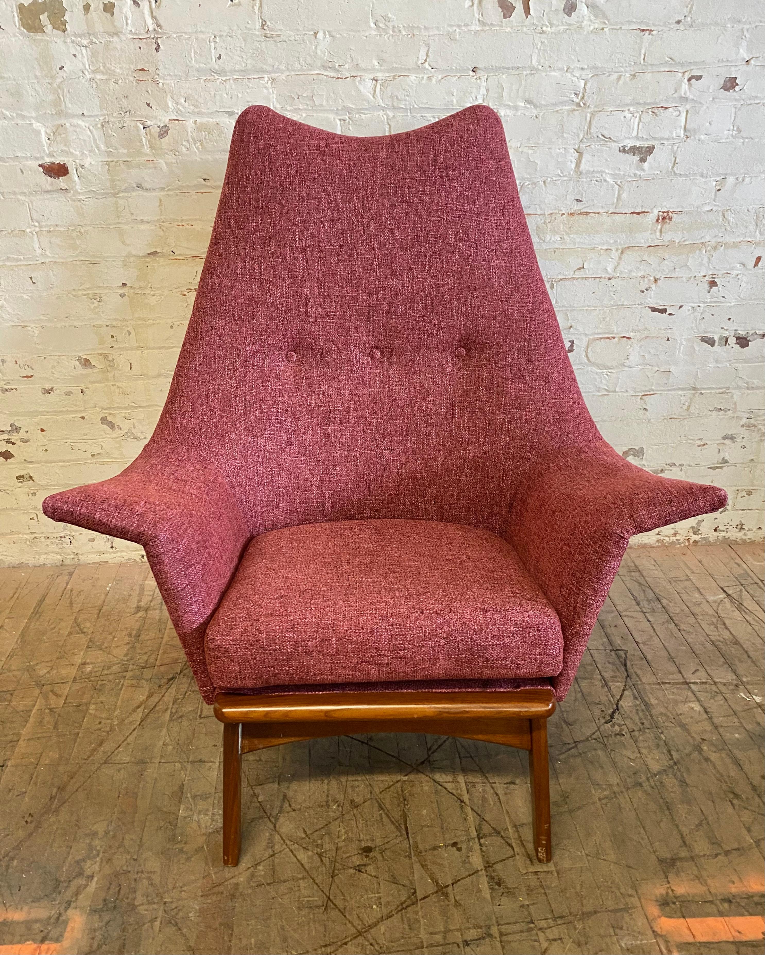 Classic modernist sculptural lounge chair, designed by Adrian Pearsall for Craft Associates, amazing design, Jetsons wing chair. Extremely comfortable, newly upholstered. Hand delivery avail to New York City or anywhere en route from Buffalo NY.