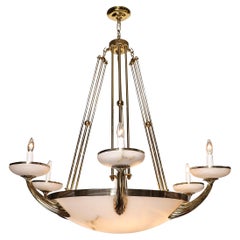 Classic Modernist Alabaster and Brass Chandelier