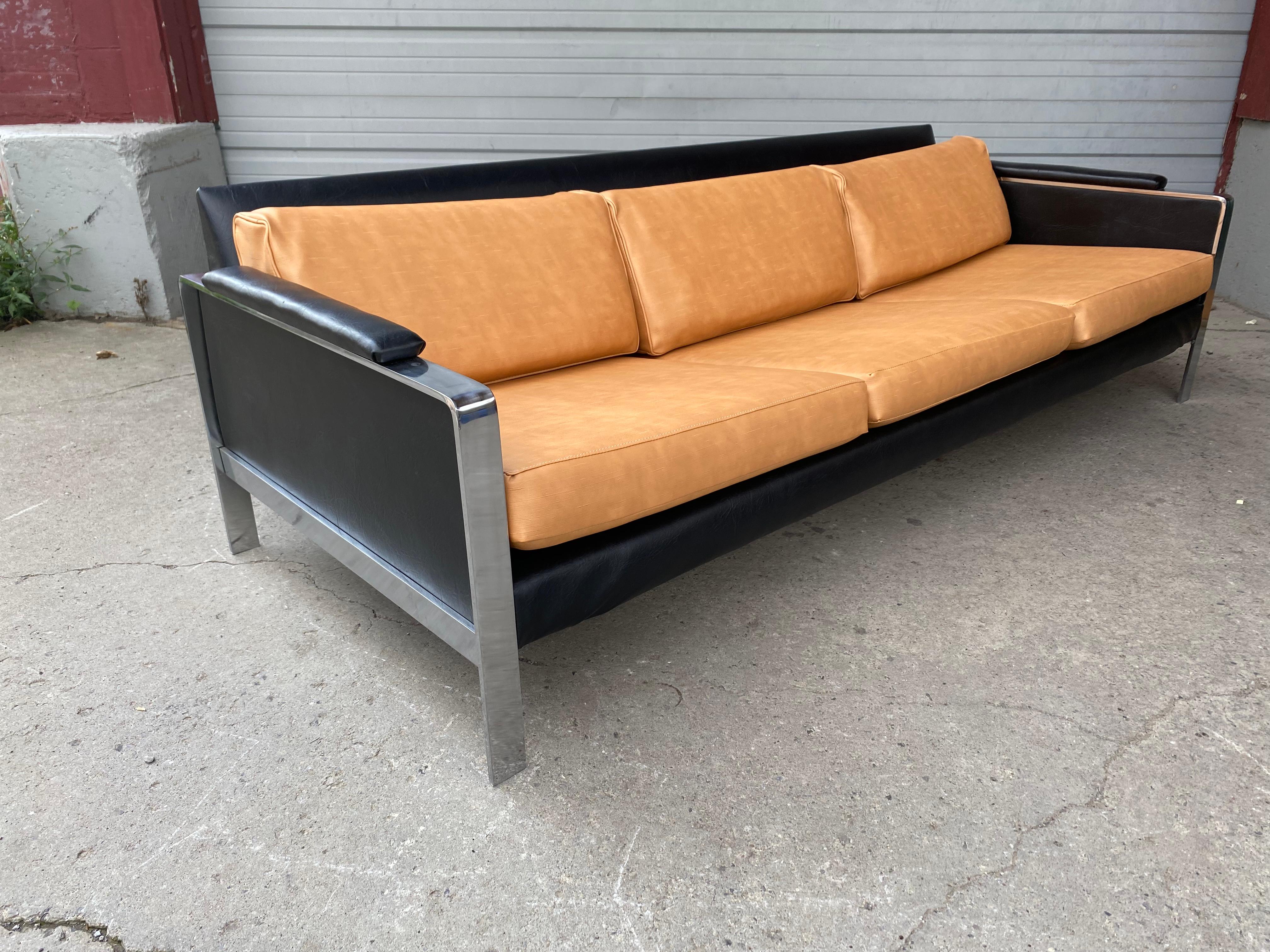 Classic Modernist Chromed Steel and Naugahyde Low Profile Sofa, Milo Baughman 7
