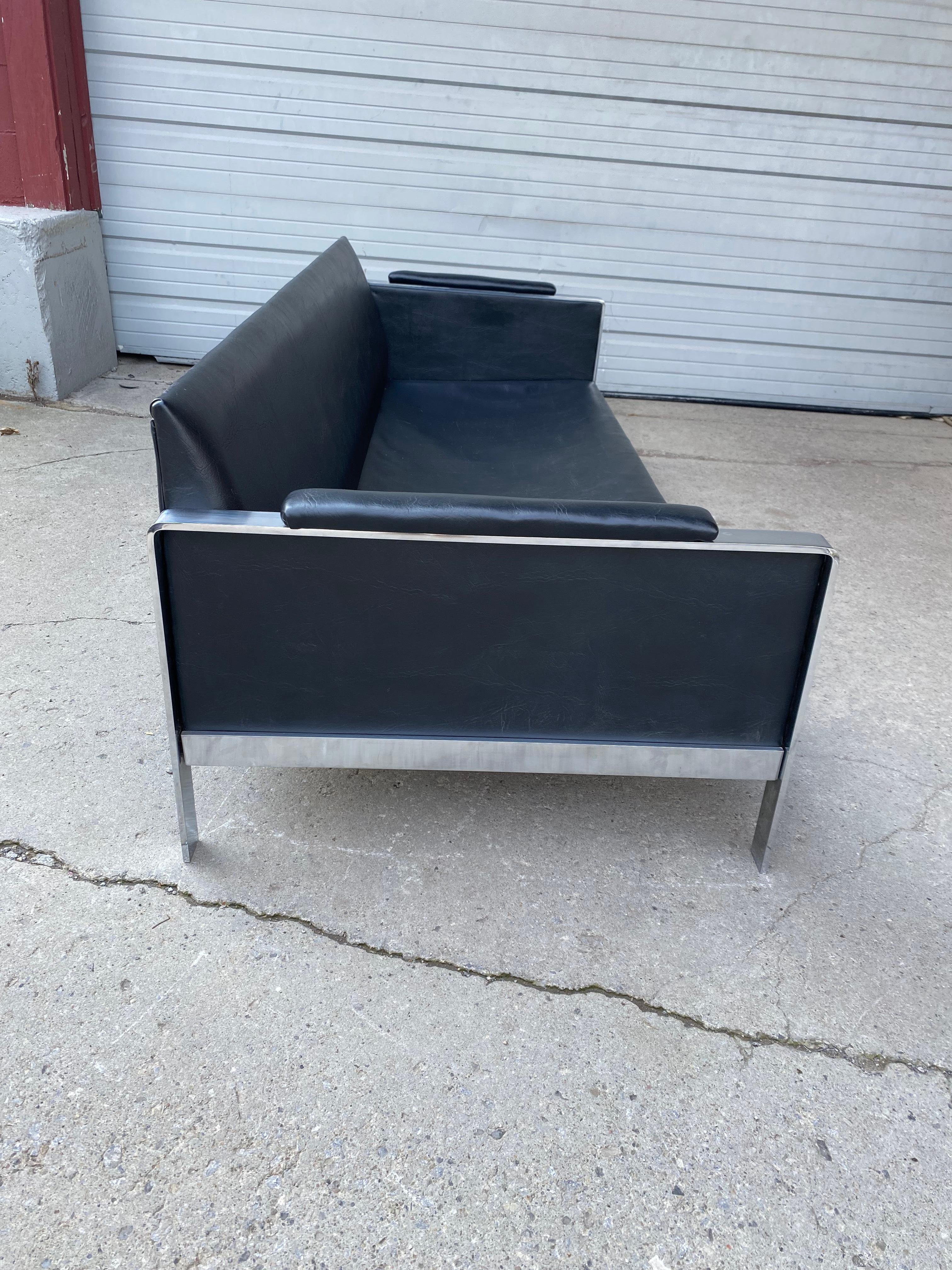 Classic Modernist Chromed Steel and Naugahyde Low Profile Sofa, Milo Baughman 1