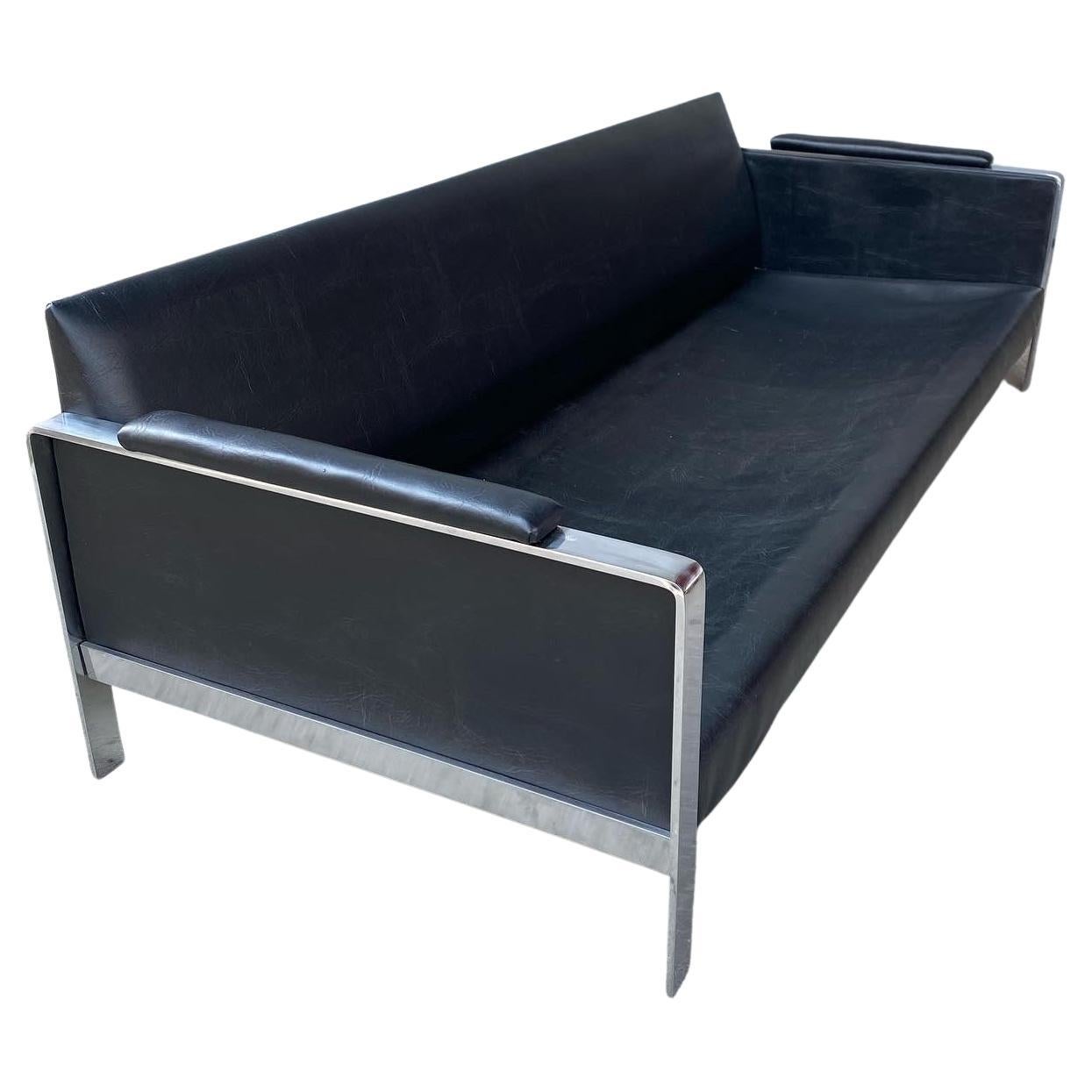 Classic Modernist Chromed Steel and Naugahyde Low Profile Sofa, Milo Baughman For Sale