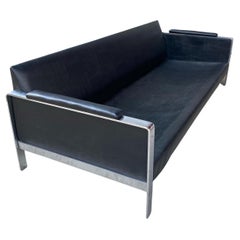 Classic Modernist Chromed Steel and Naugahyde Low Profile Sofa, Milo Baughman