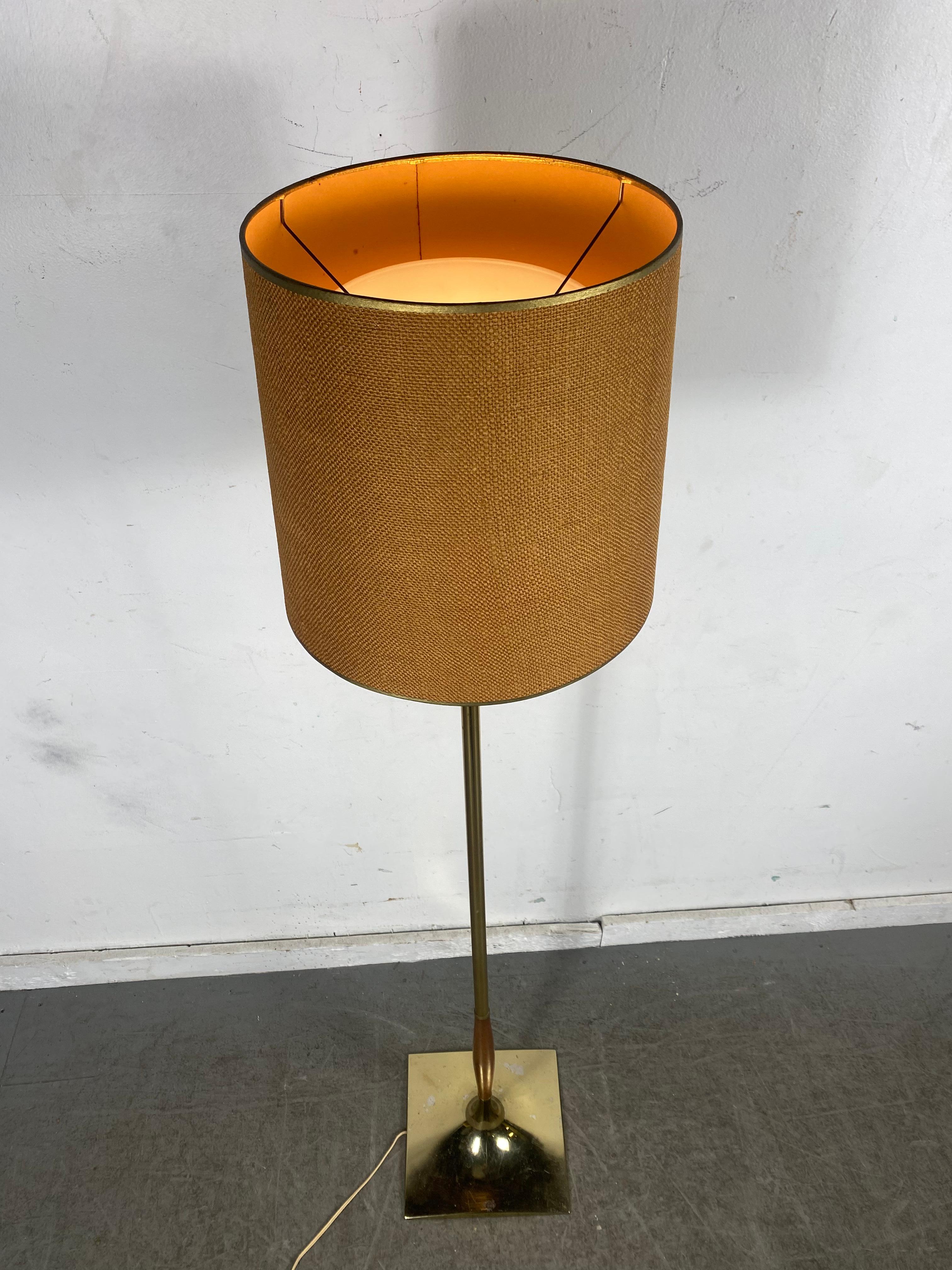 Classic Modernist floor lamp by Laurel Lamp Company, minor wear to brushed brass base. Enhance any Mid-Century Modern environment.