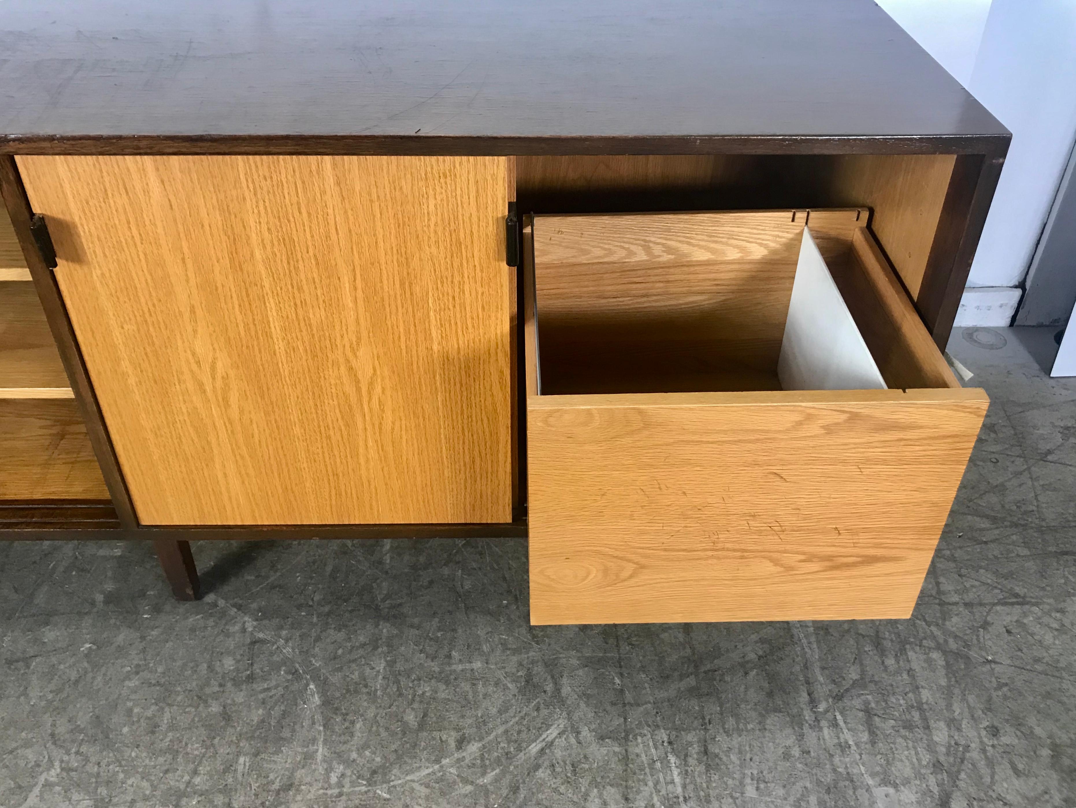 Leather Classic Modernist Florence Knoll Walnut and Oak Credenza, Early Knoll Label