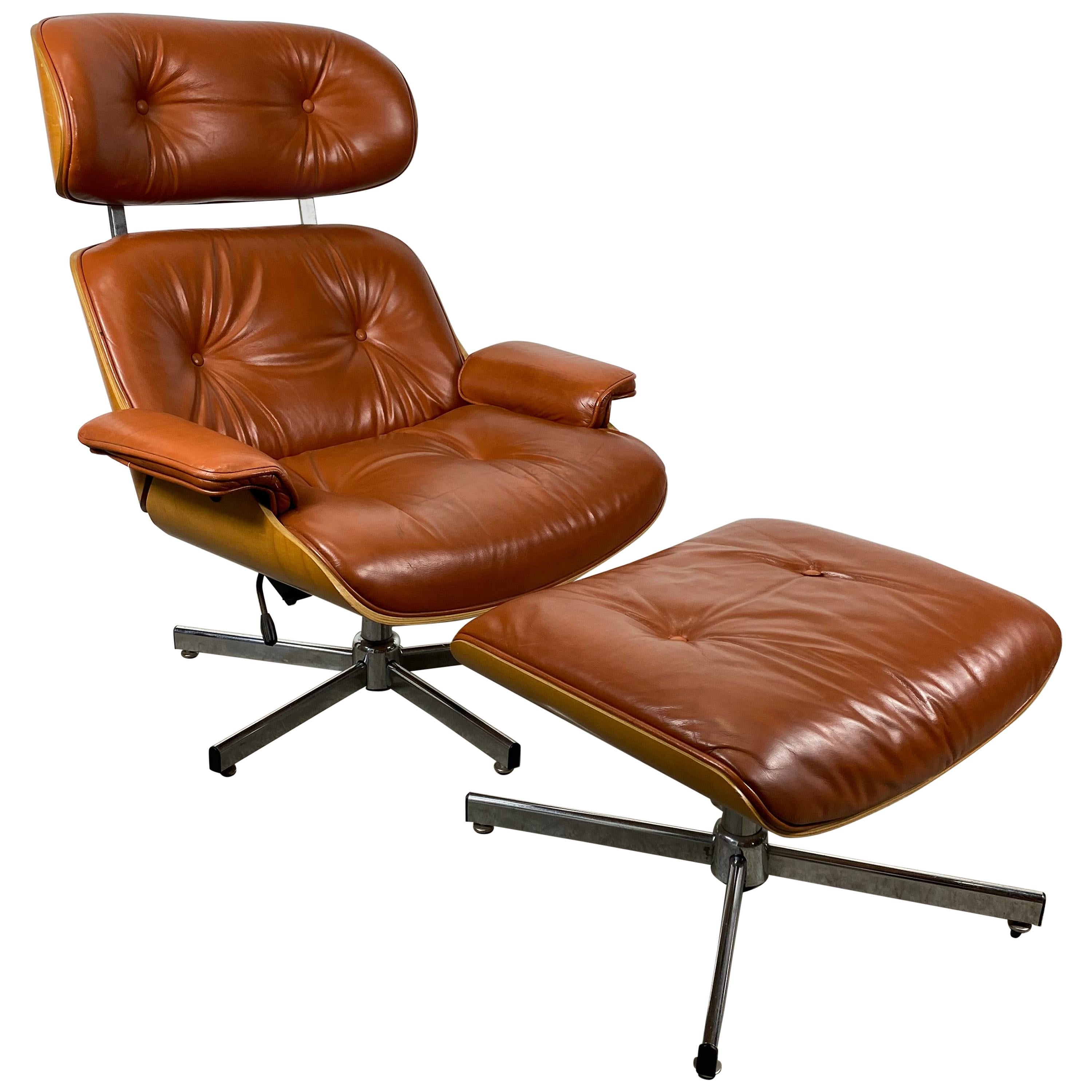 Classic Modernist Leather Eames Style Lounge Chair and Ottoman by Selig