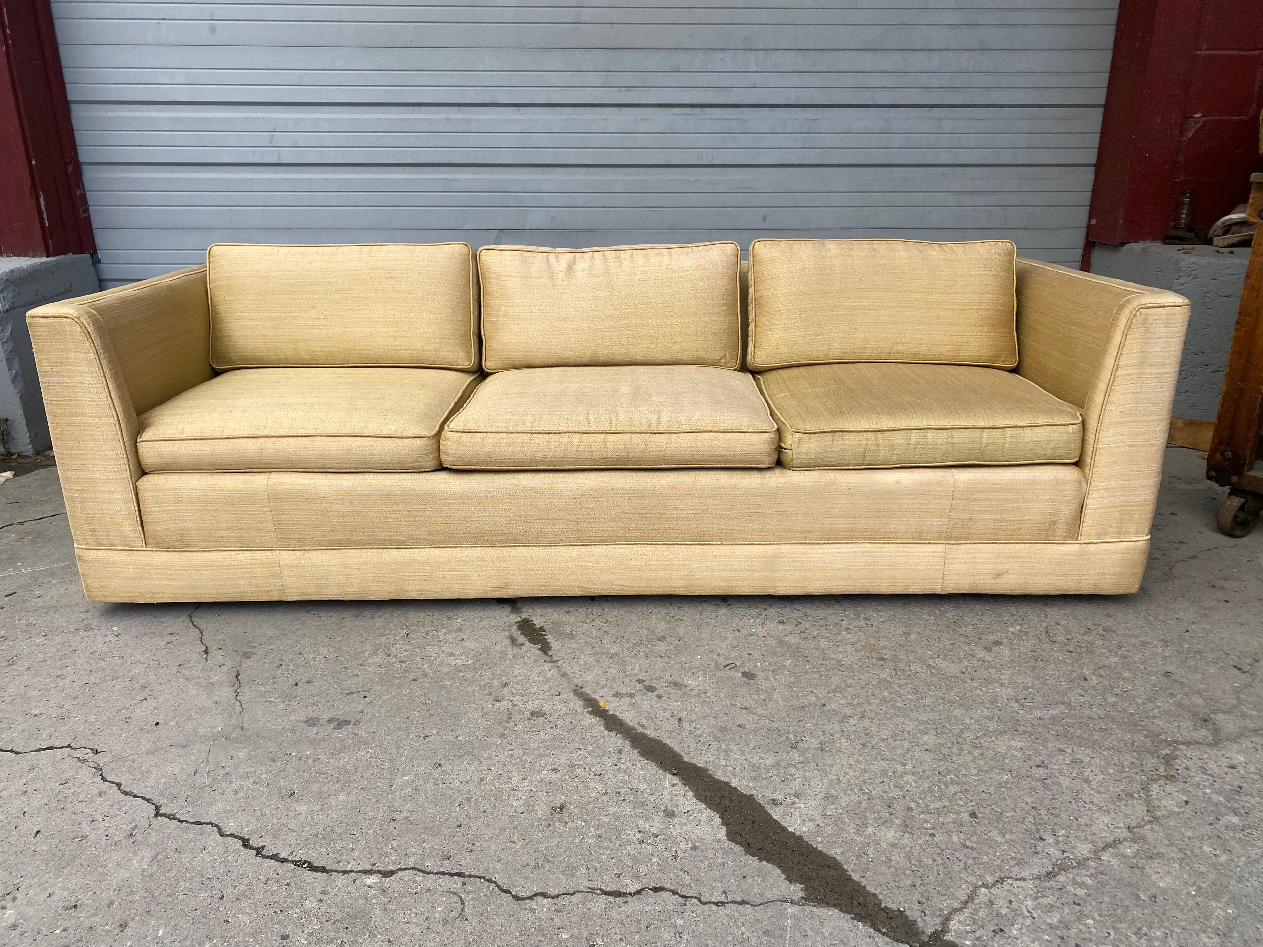 Wonderful and unusual,, Vintage late 1940s ,,early 1950s Tuxedo ,even-arm sofa manufactured by Henredon,, Unusual arm design,, Retains original silk fabric upholstery,, usable ,,but would be amazing reupholstered..Superior quality and construction..