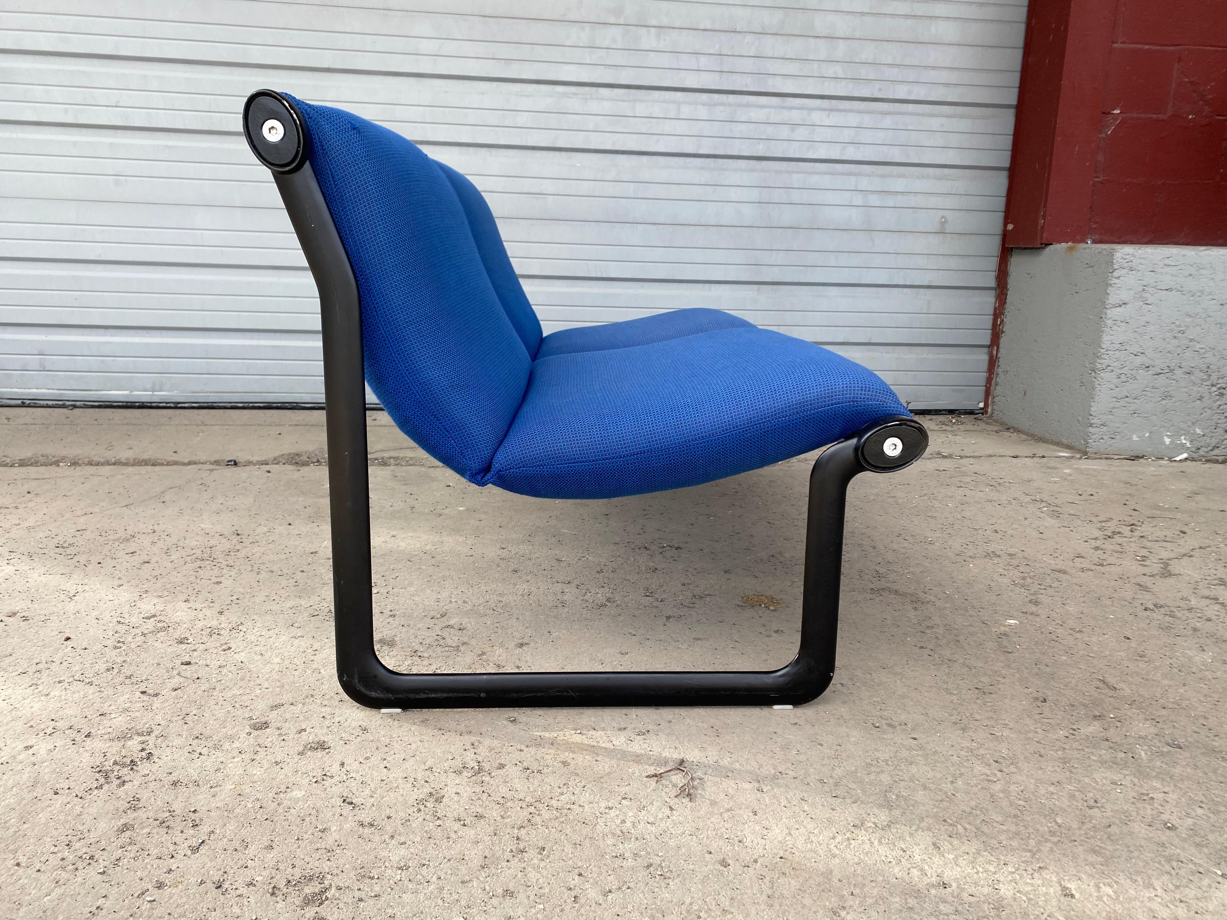 Classic MODERNIST Two-seat sling sofa by Bruce Hannah and Andrew Morrison for Knoll in vibrant 1970s electric blue knoll wool fabric and powder-coated steel.minor staining,(see photo) Hand delivery avail to New York City or anywhere en route from