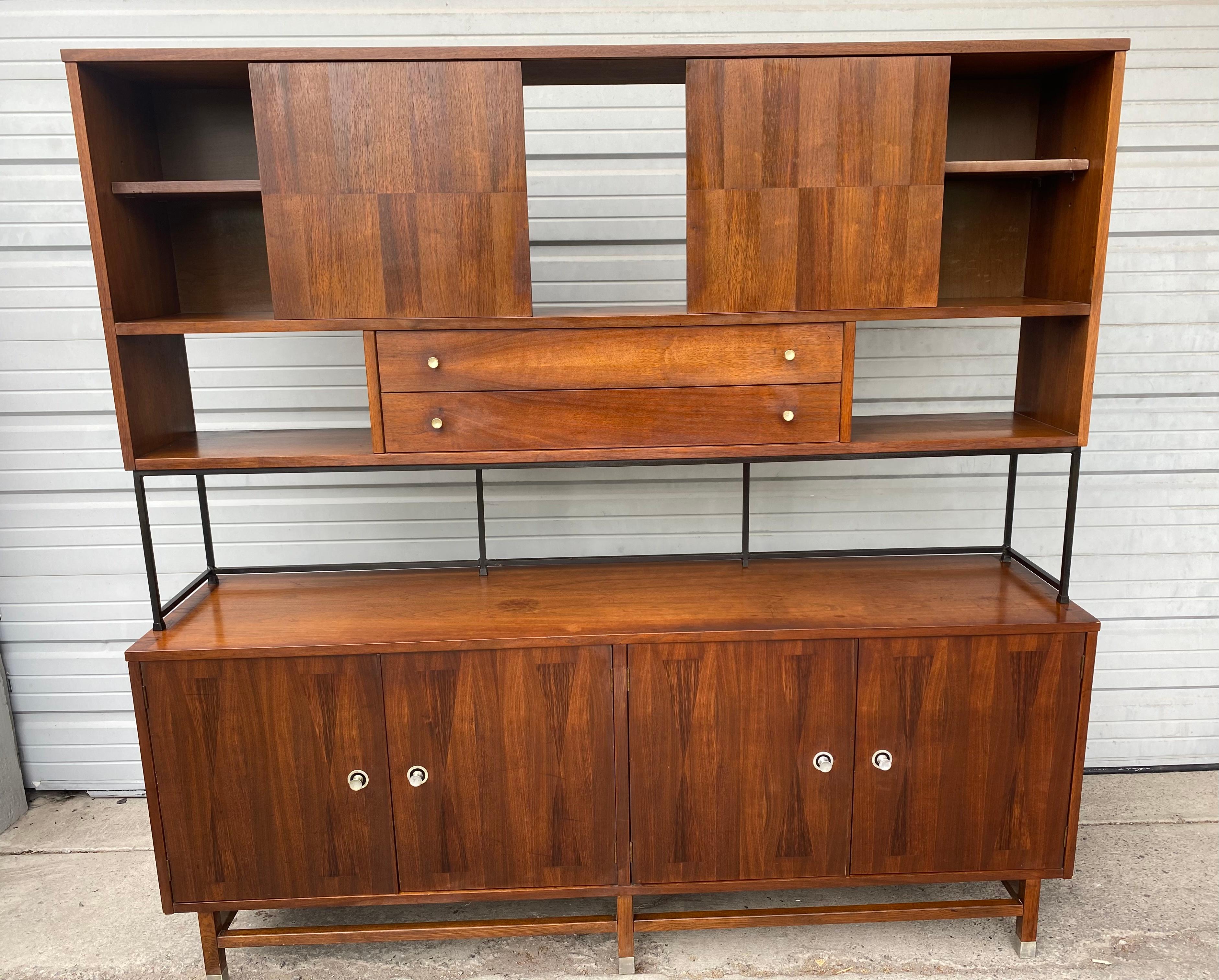 Mid-Century Modern Classic Modernist Wall Unit Long Credenza /Top by Stanley in Walnut and Rosewood