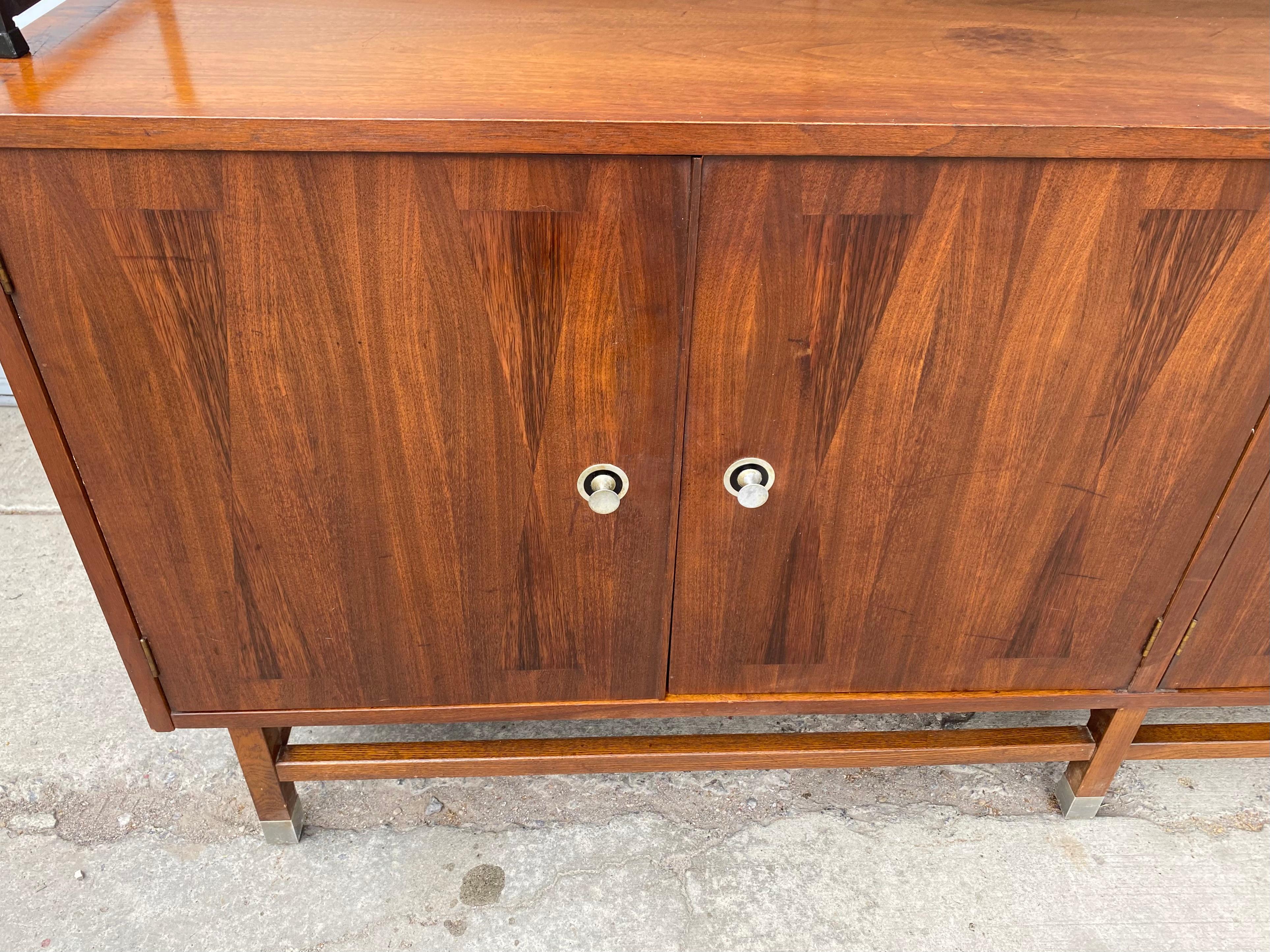 Mid-20th Century Classic Modernist Wall Unit Long Credenza /Top by Stanley in Walnut and Rosewood