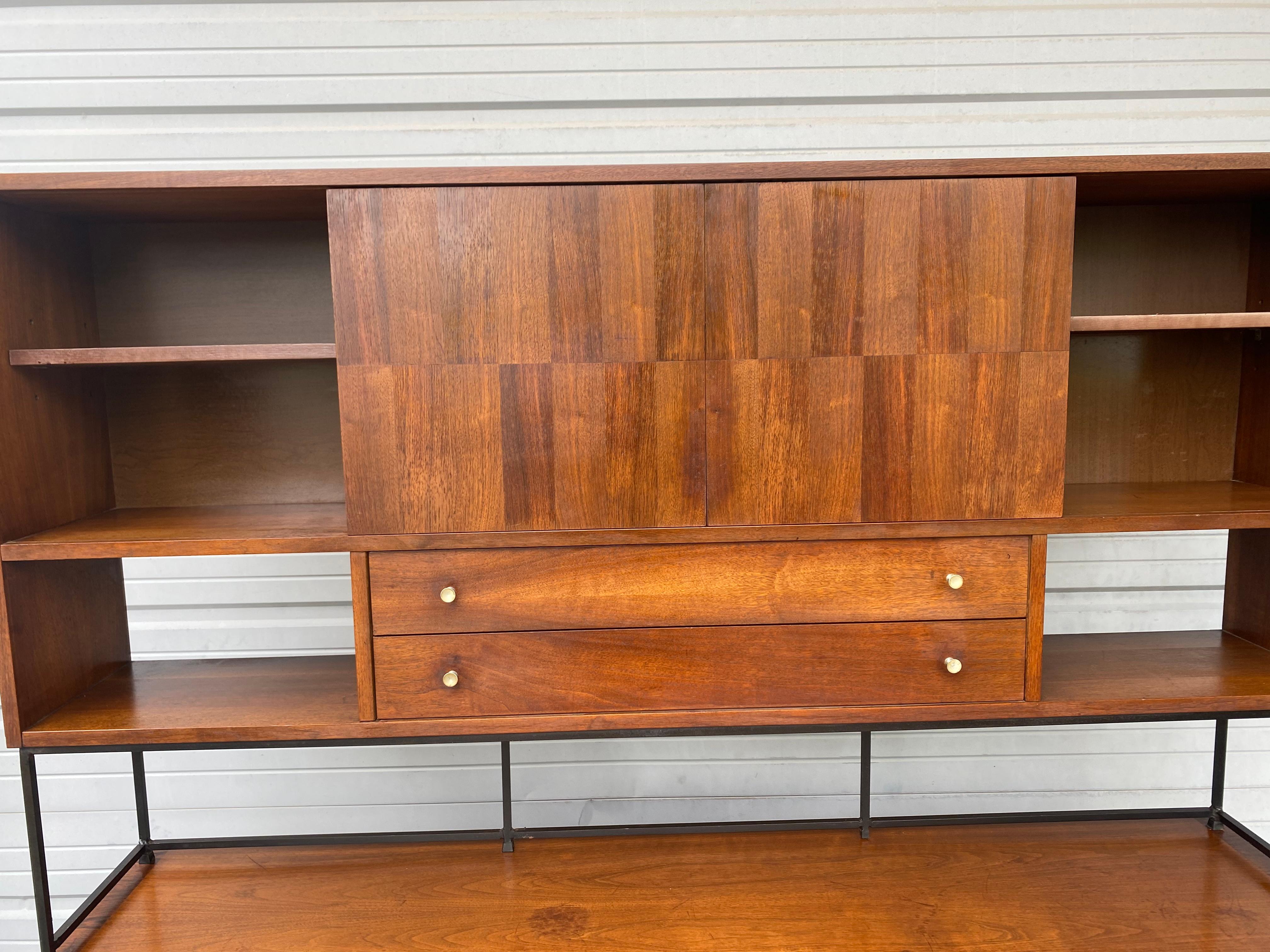 Aluminum Classic Modernist Wall Unit Long Credenza /Top by Stanley in Walnut and Rosewood