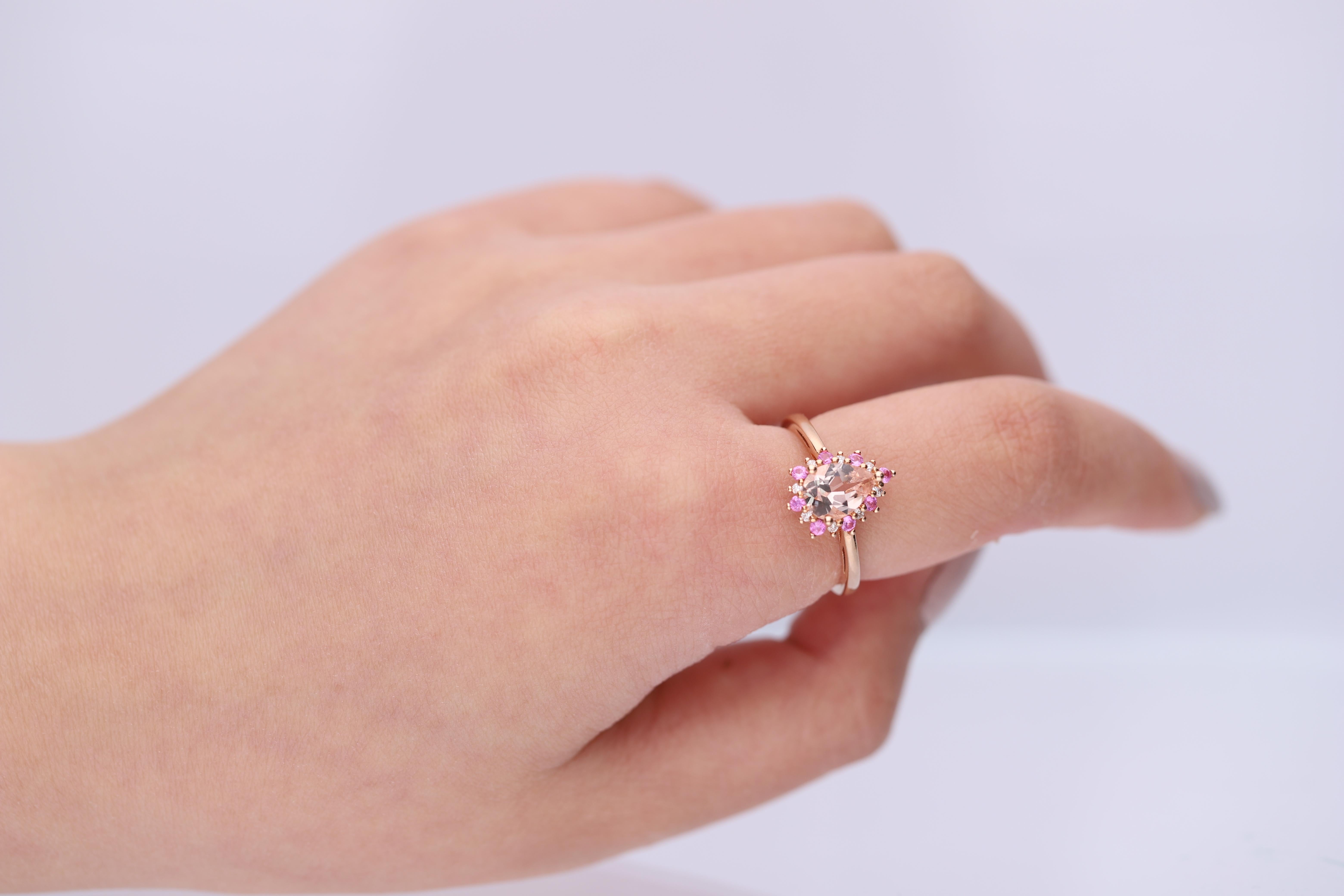 Stunning, timeless and classy eternity Unique Ring. Decorate yourself in luxury with this Gin & Grace Ring. The 14K Rose Gold jewelry boasts with Pear-cut 1 pcs 0.93 carat Morganite, 8 pcs 0.20 carat Pink sapphire and Round-cut White Diamond (8 Pcs)