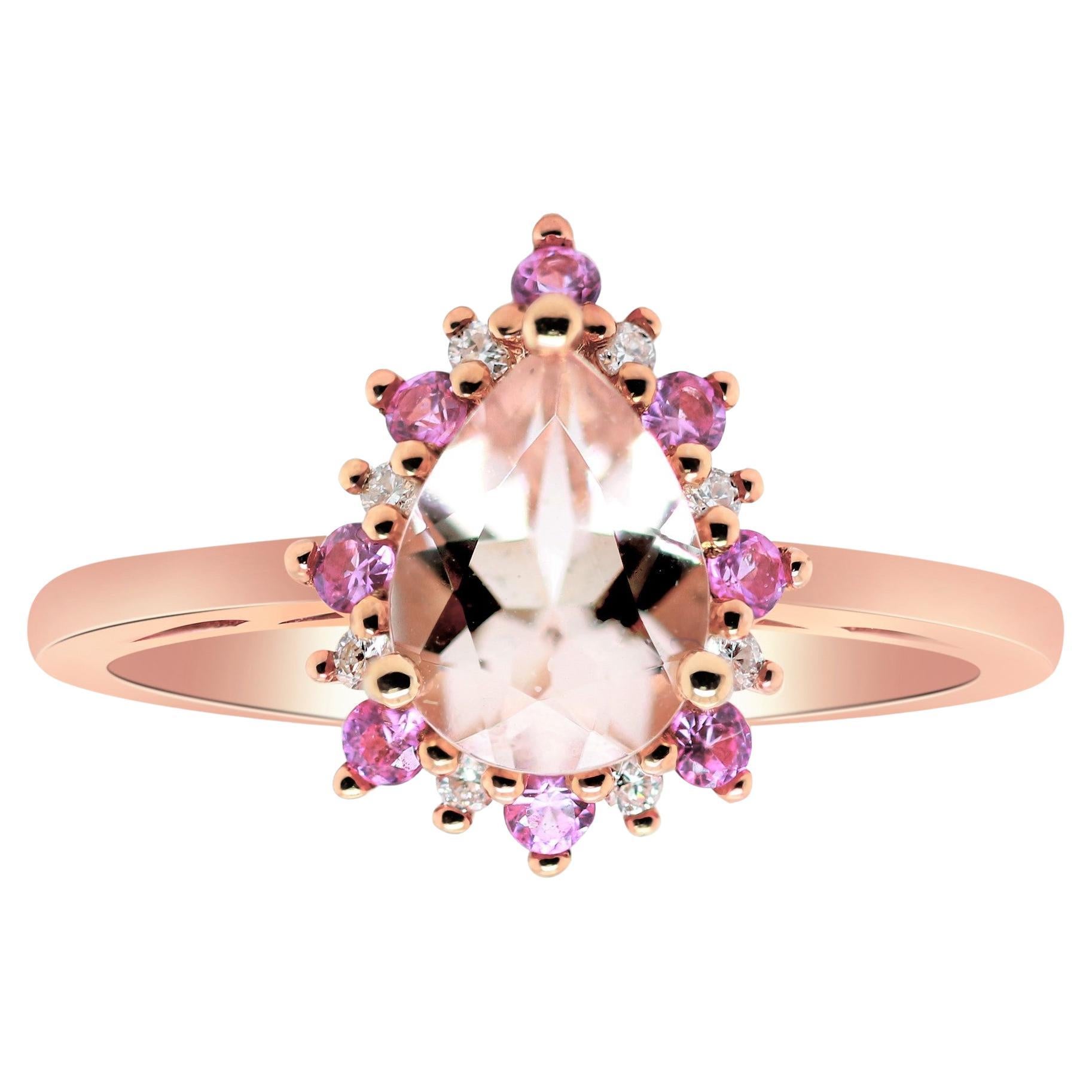 Klassischer Ring aus 14 Karat Roségold mit Morganit und rosa Saphir im Rundschliff