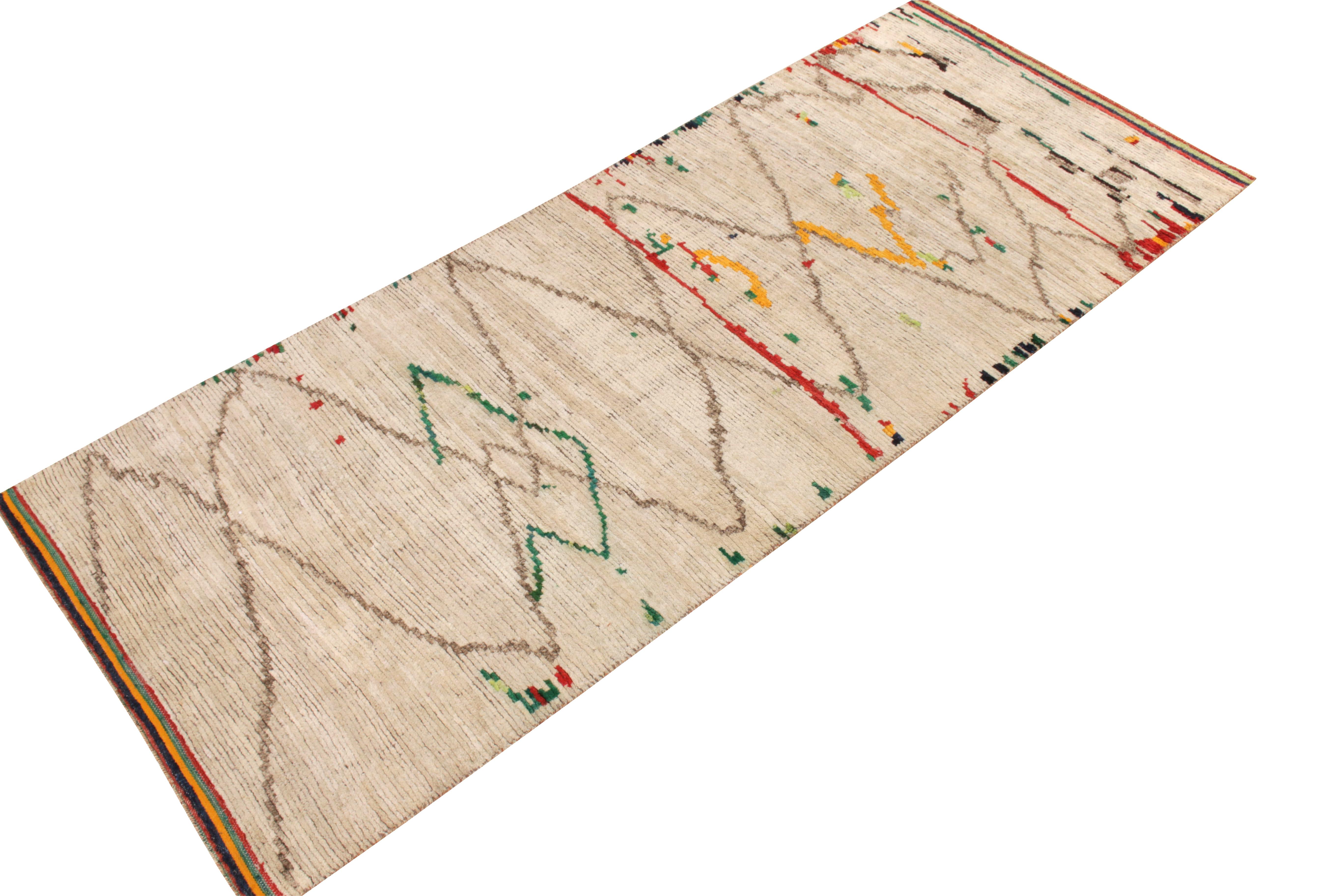 Tribal Rug & Kilim's Classic Moroccan Style Runner in Beige & Green Geometric Pattern For Sale