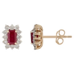 Classic Mozambique Natural Ruby & Diamond Halo Stud Earrings in 14K Yellow Gold