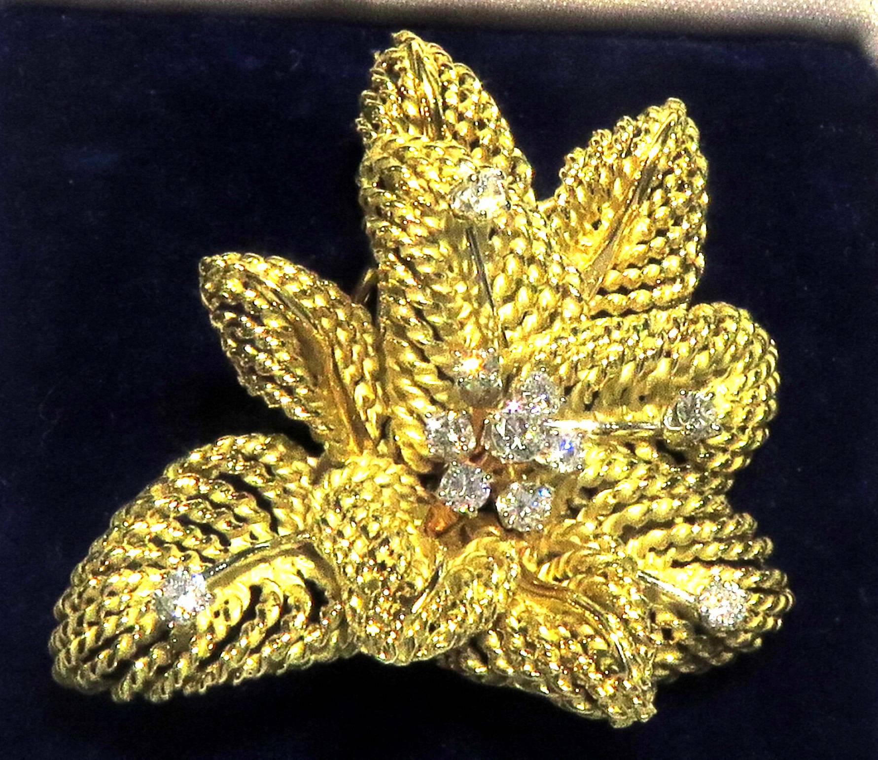 Classic Multi Leaf Design Diamond Gold Flower Motif Pin 6