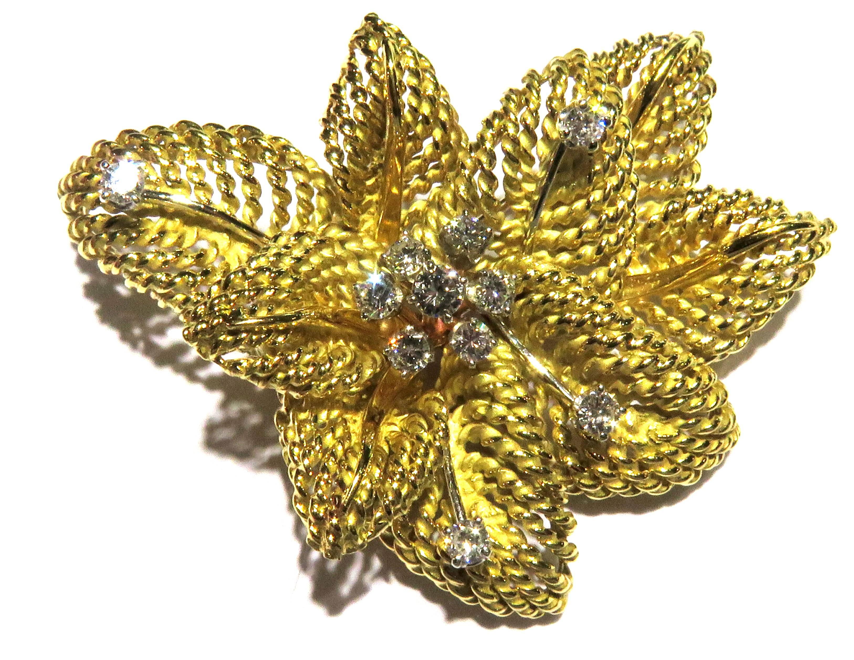 Women's or Men's Classic Multi Leaf Design Diamond Gold Flower Motif Pin