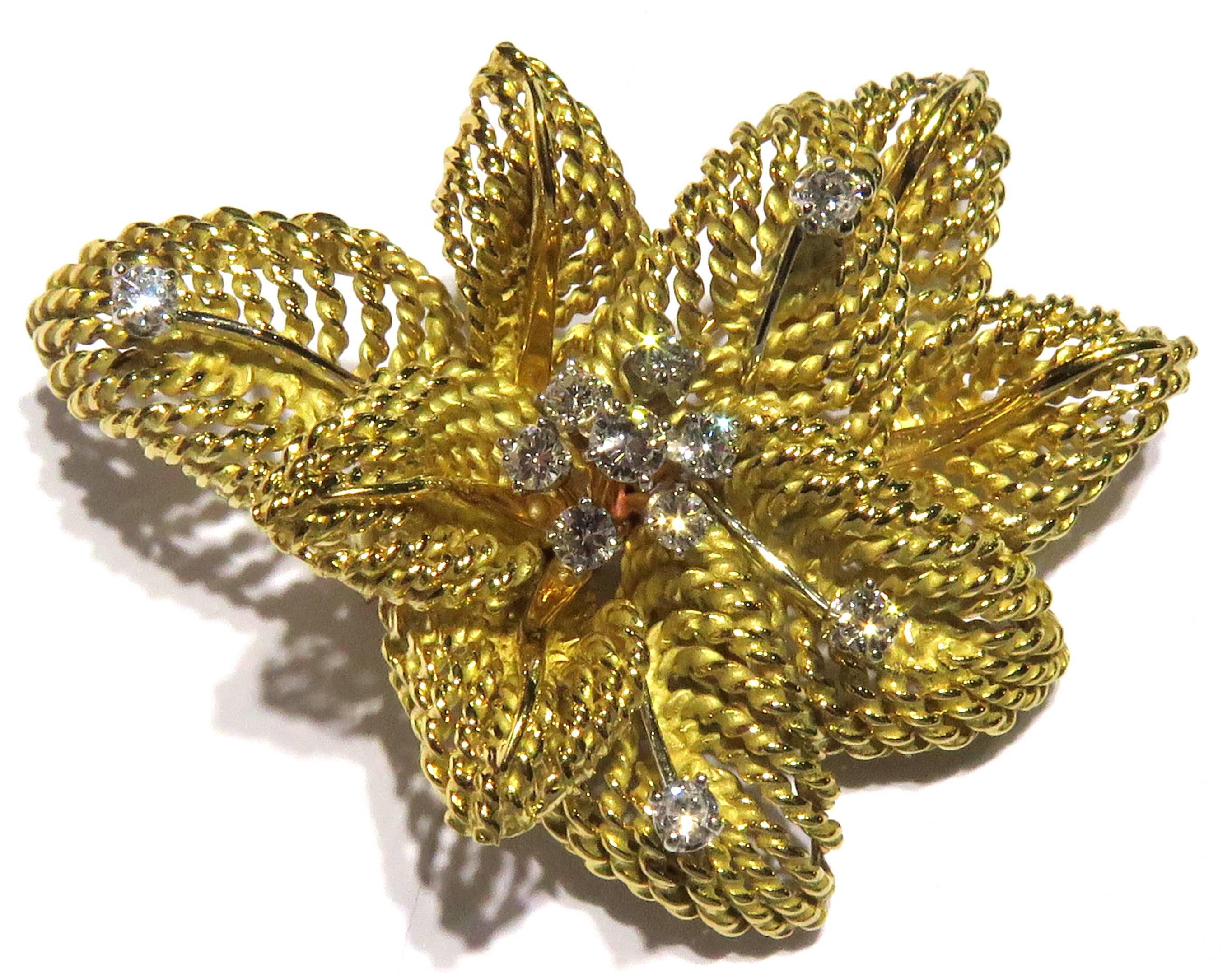 Classic Multi Leaf Design Diamond Gold Flower Motif Pin 1