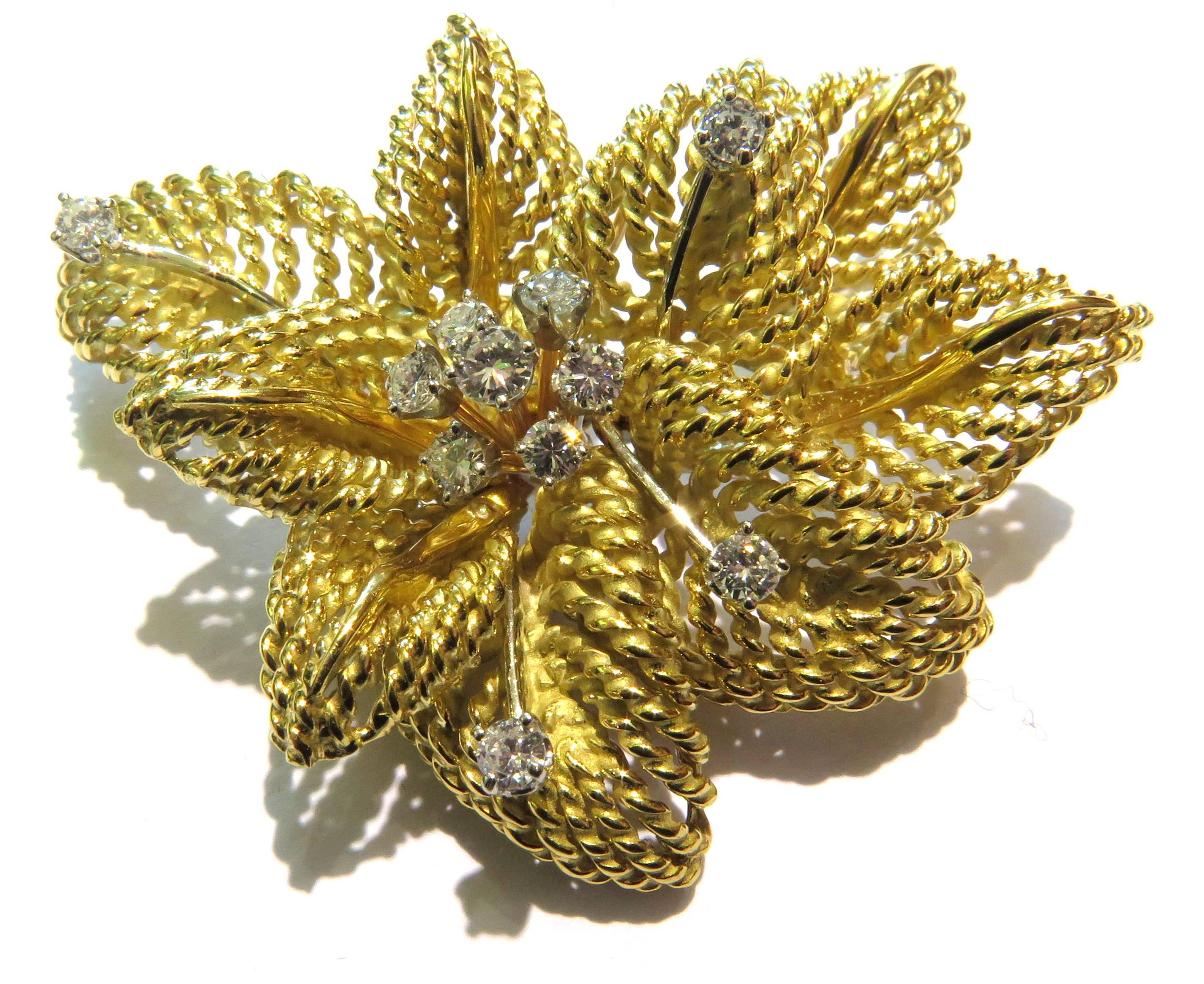 Classic Multi Leaf Design Diamond Gold Flower Motif Pin 3