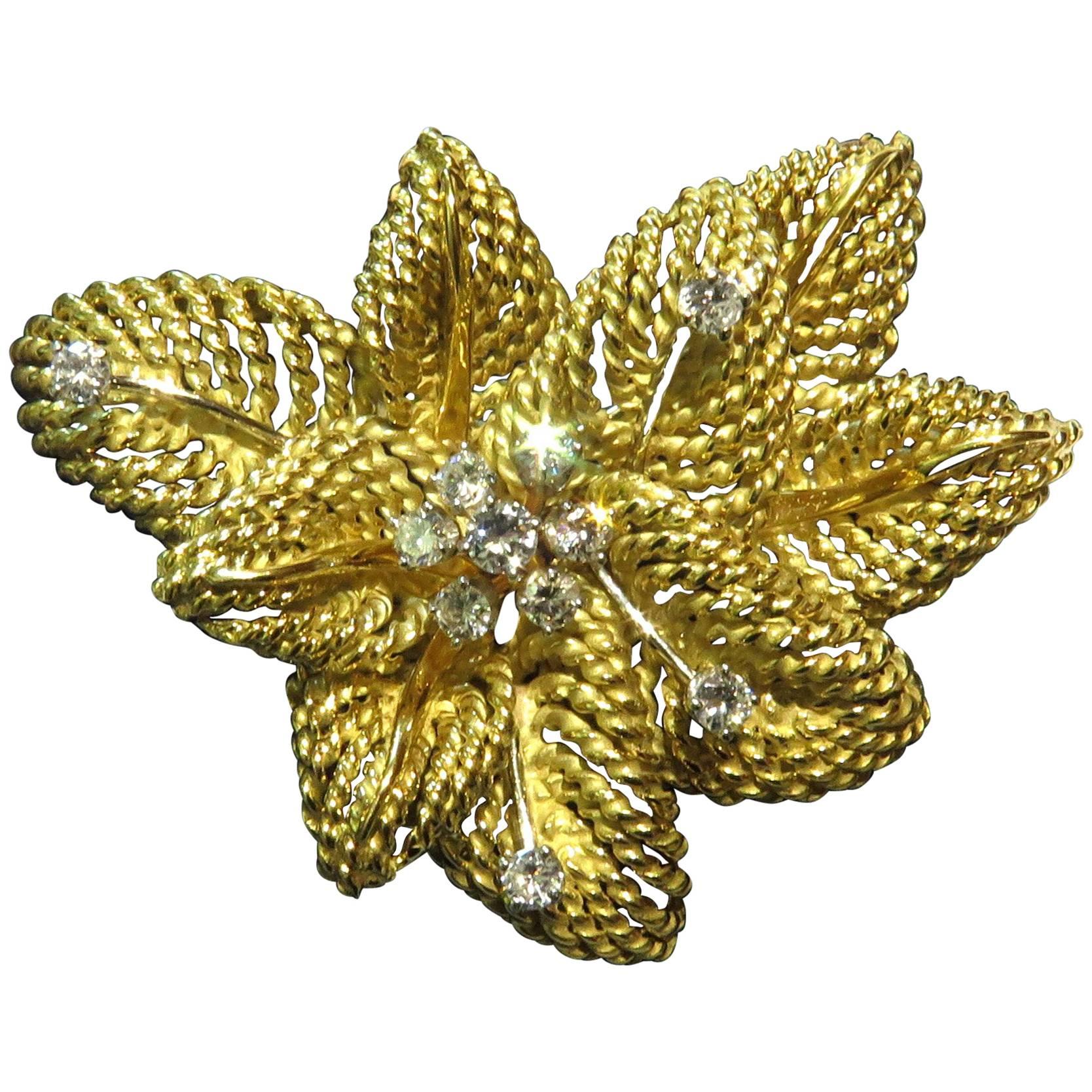 Classic Multi Leaf Design Diamond Gold Flower Motif Pin
