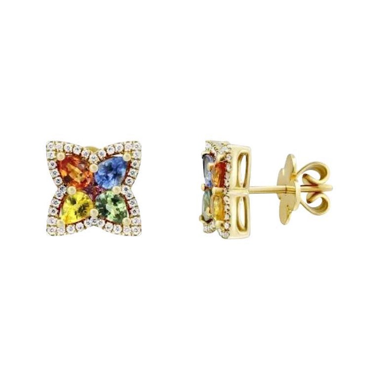 Classic Multisapphire Diamond 18K Yellow Gold Earrings for Her For Sale