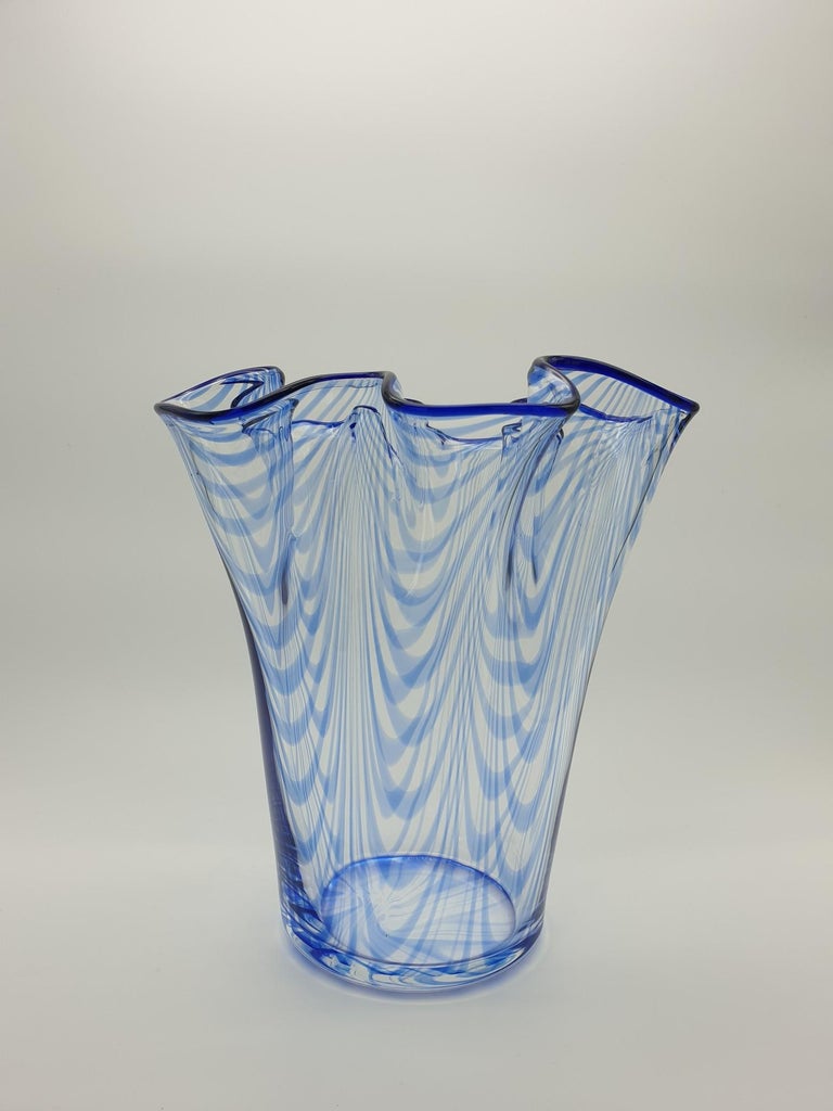 Classic Murano Glass Blue Fazzoletto Vase by Cenedese, 1970s For Sale