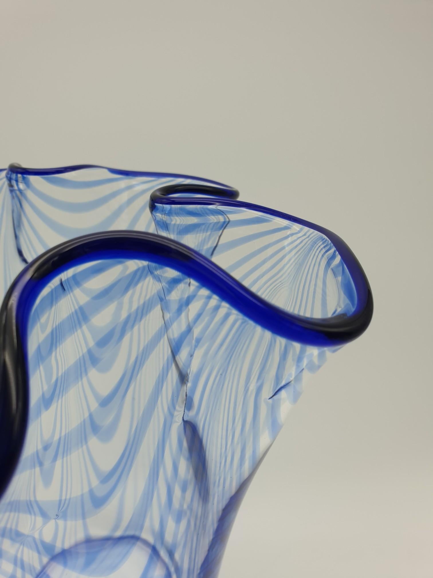 Hand-Crafted Classic Murano Glass Blue Fazzoletto Vase by Cenedese, 1970s For Sale