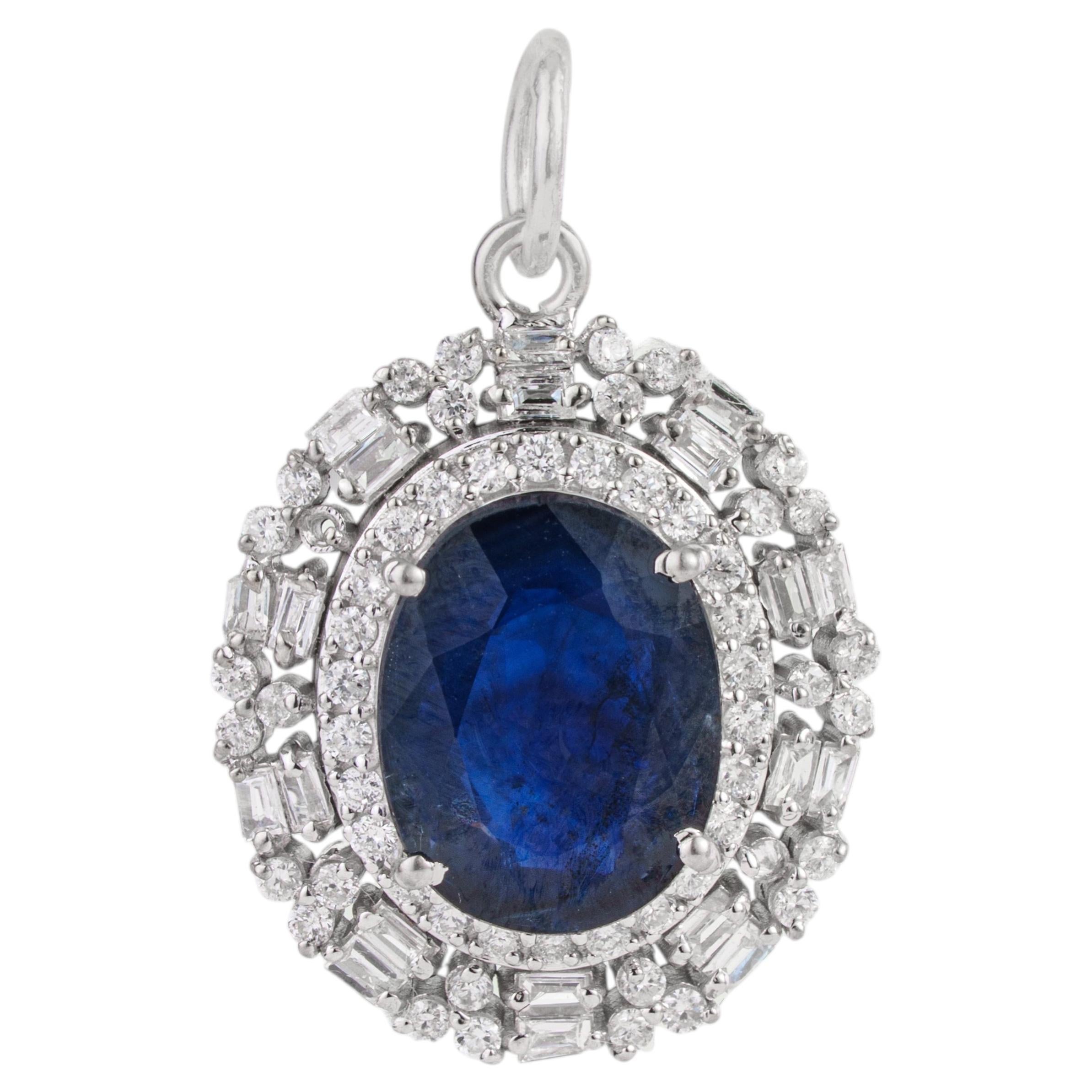 Classic Natural 2.78ct Blue Sapphire & Diamond Halo Pendant in 14K White Gold