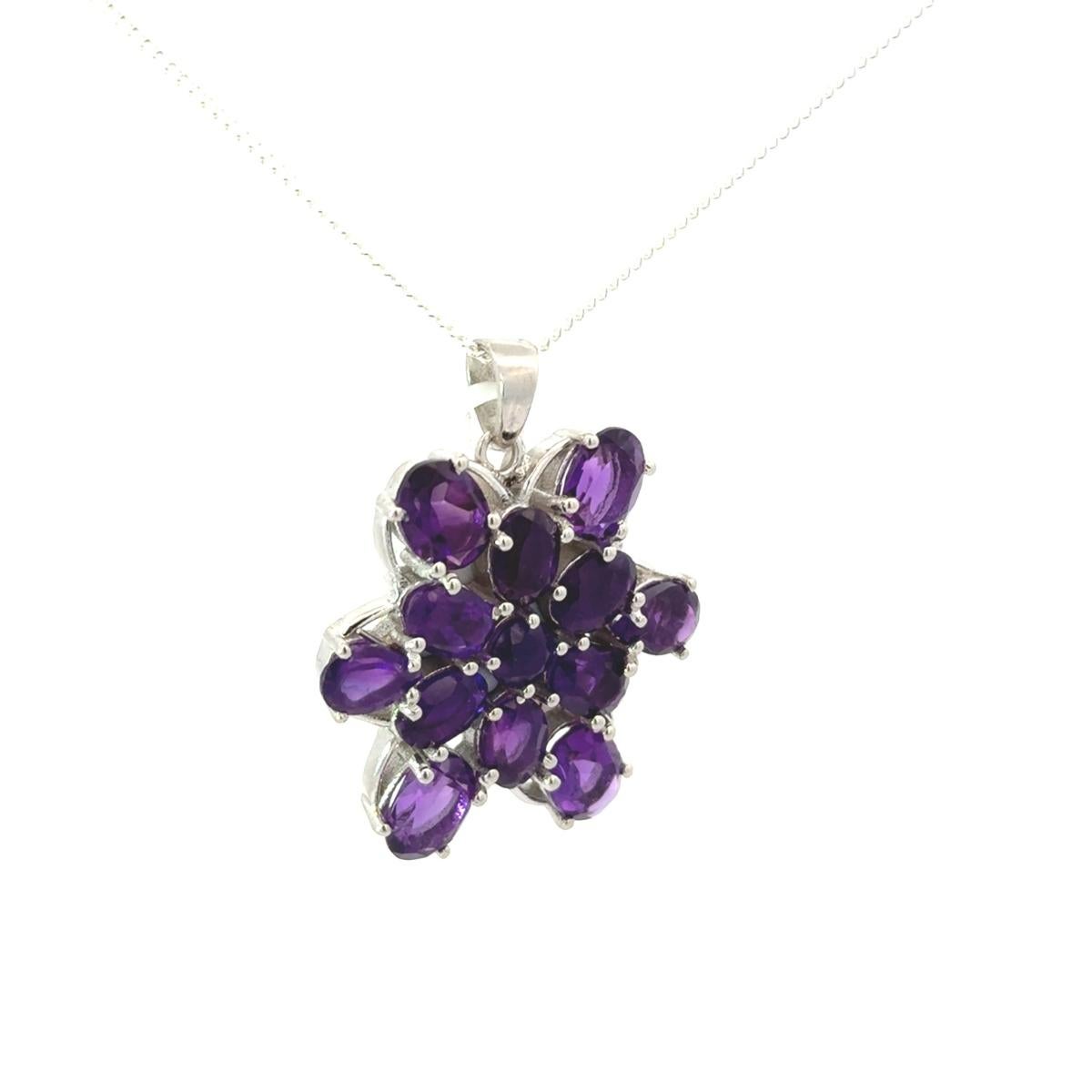 Art Deco Classic Natural Amethyst 12.45 ct Cluster Pendant in 925 Solid Silver For Mom For Sale