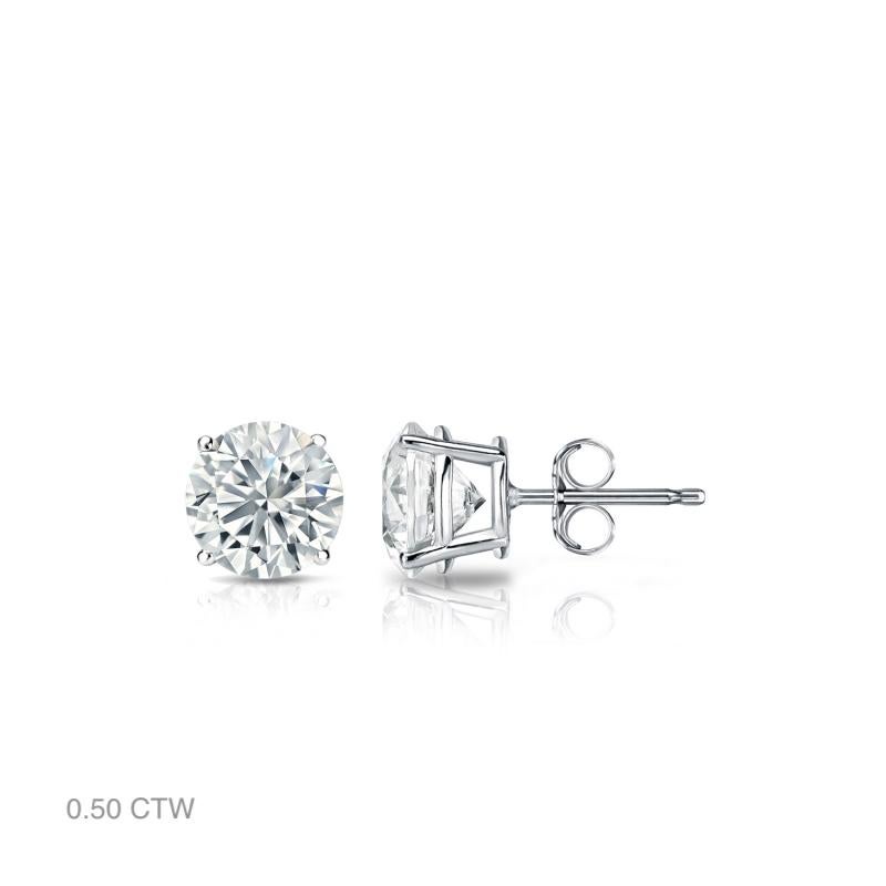 Taille brillant Boucles d'oreilles classiques en or blanc 14 carats, diamant naturel 0,50 ctw en vente