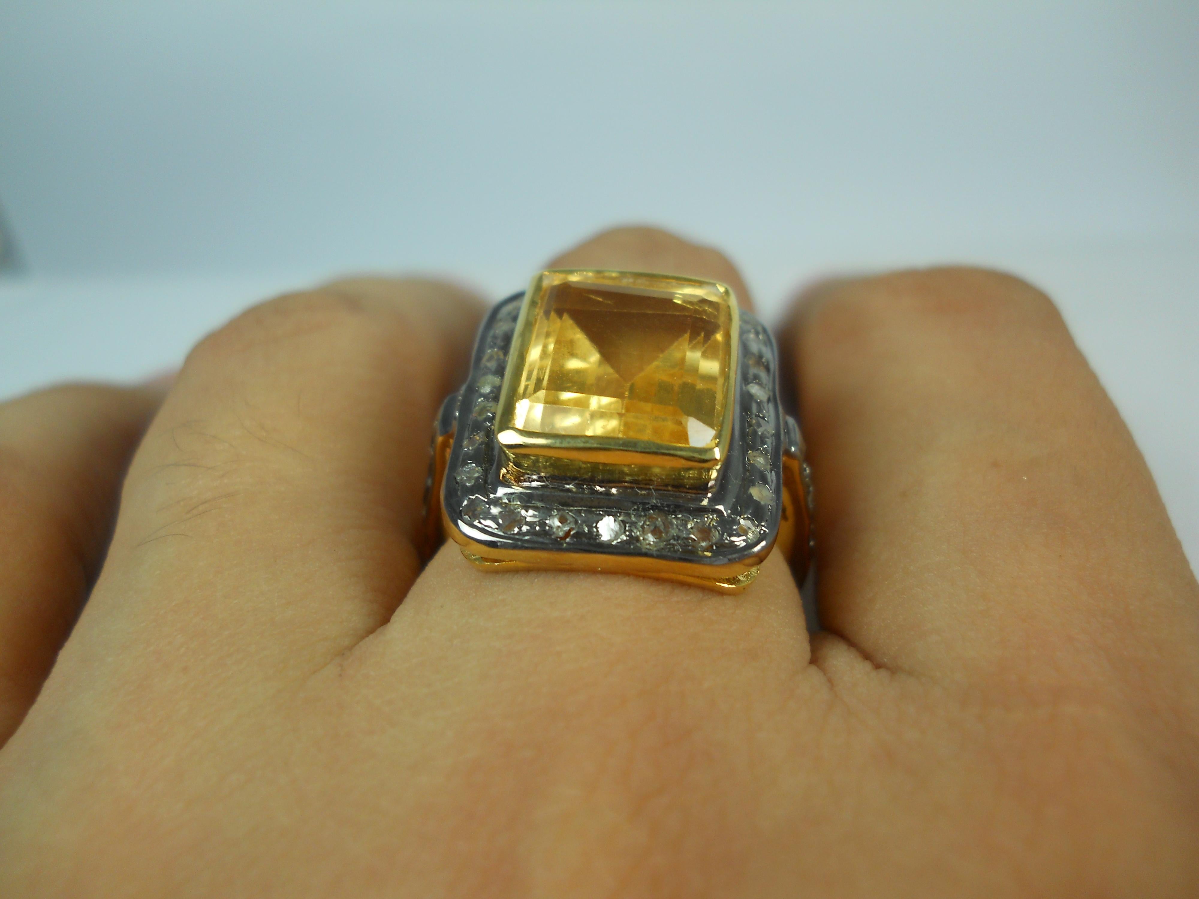 Classic Natürlicher Diamant mit Rosenschliff Citrin 925er Silber Ring mit zweifachem Ton im Zustand „Neu“ im Angebot in Delhi, DL